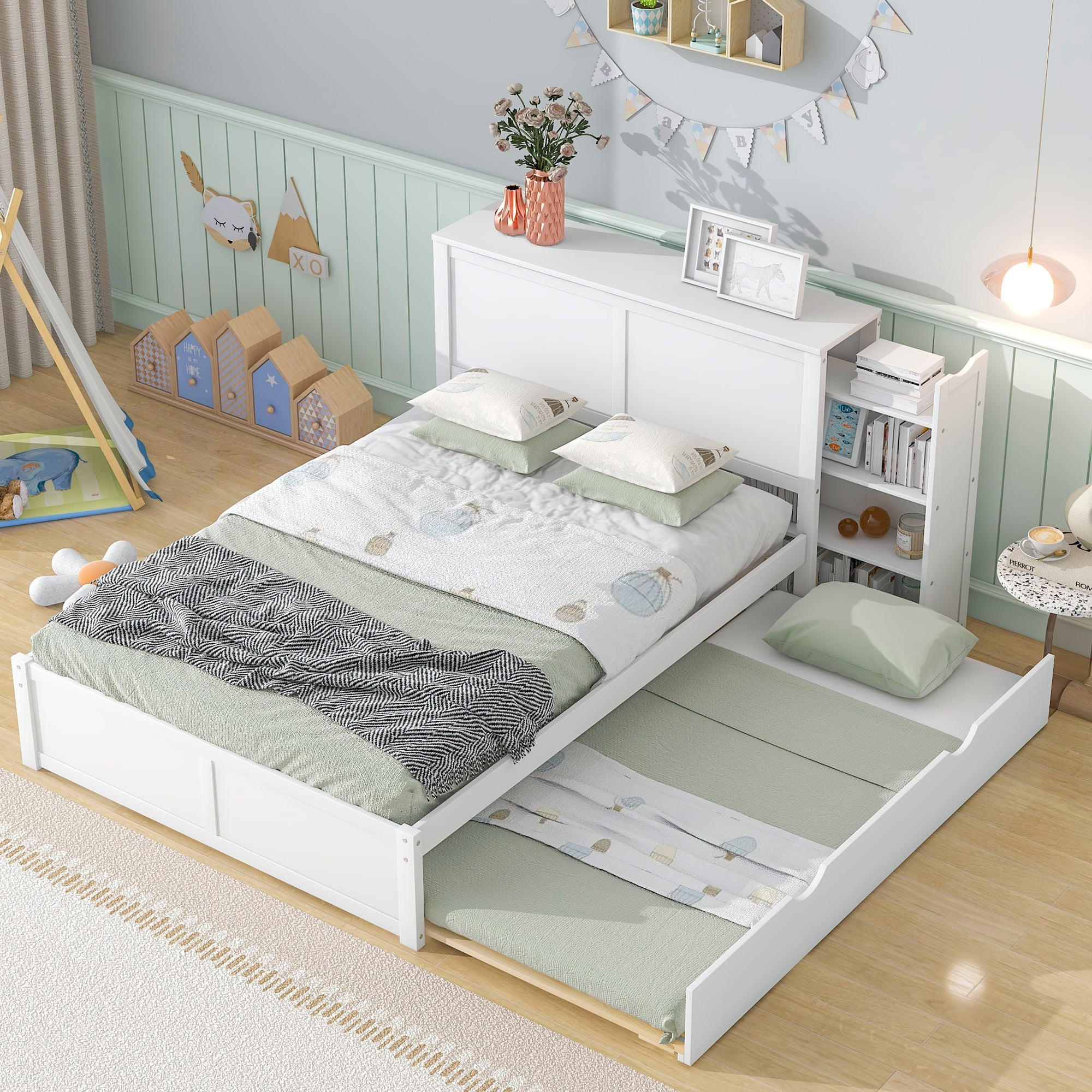 Churanty Full Size Storage Platform Bed with 4-Tier Pull Out Shelves and Twin Size Trundle, Wooden Bedframe for Kids Teens Bedroom, White