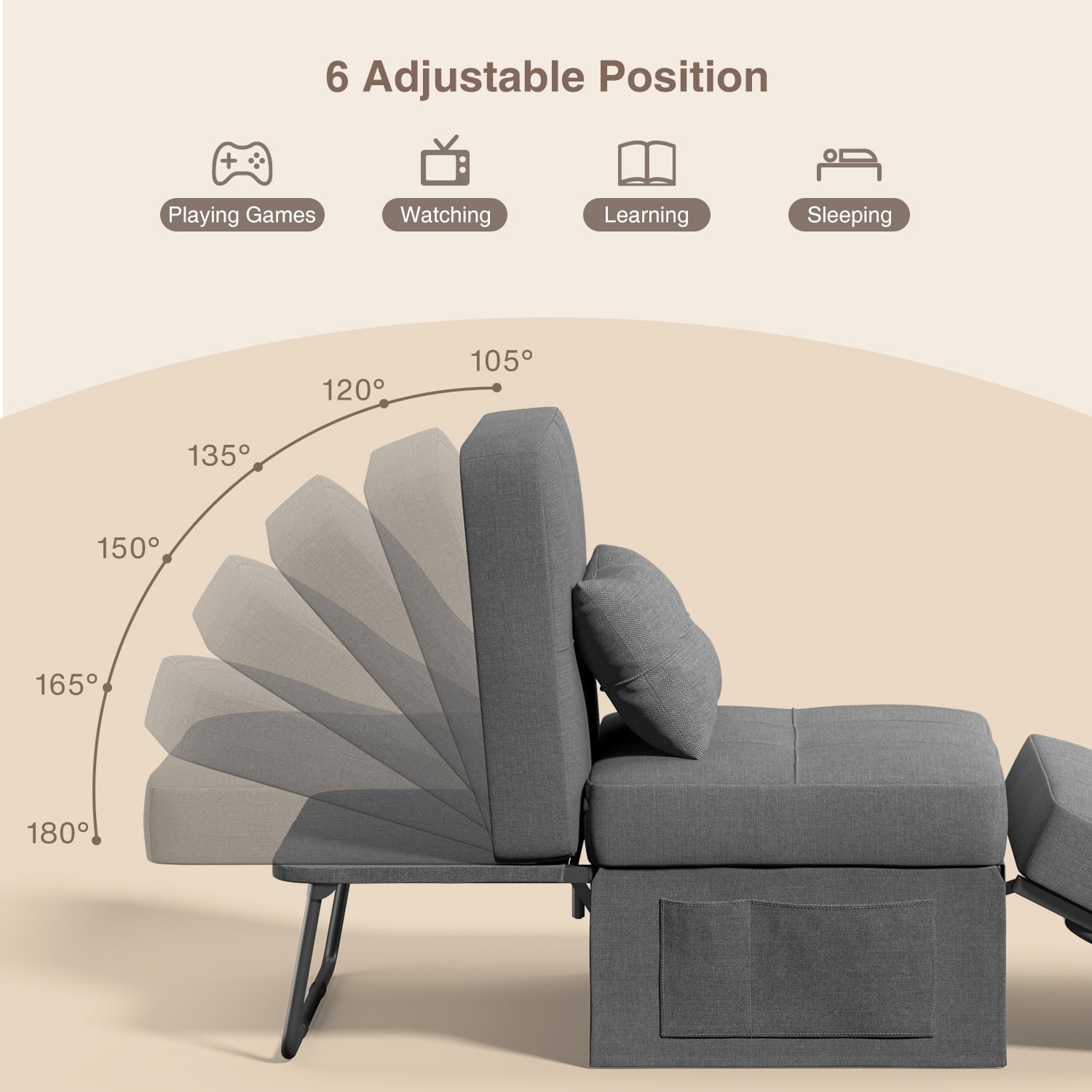 Chair Bed, Lofka Convertible Recliner Single Sofa Bed, Free Installation, 730 lbs, Dark Gray