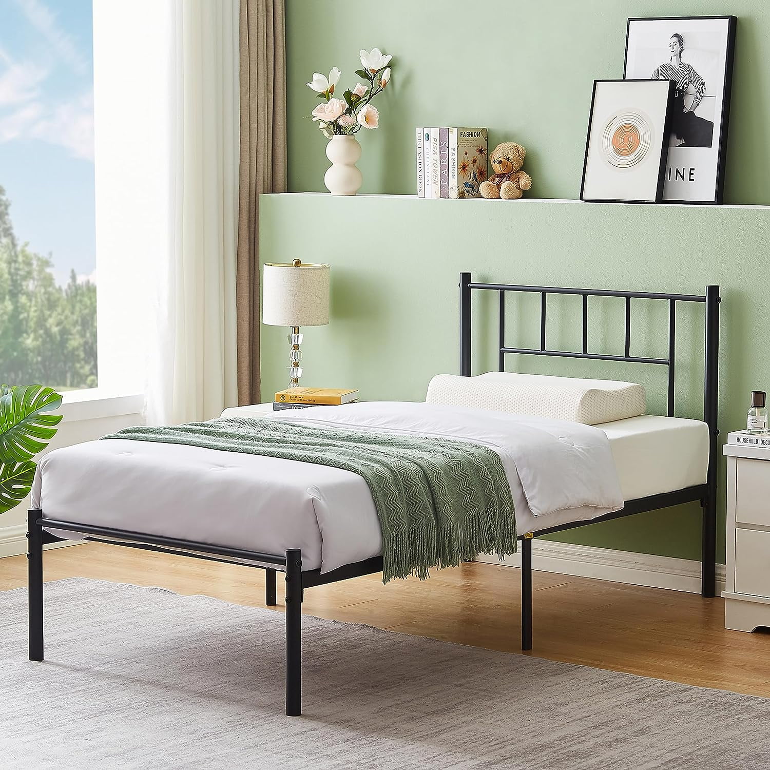 VECELO 3-Piece Bedroom Set with Twin Metal Bed Frame with Headboard and 2 Black Nightstands