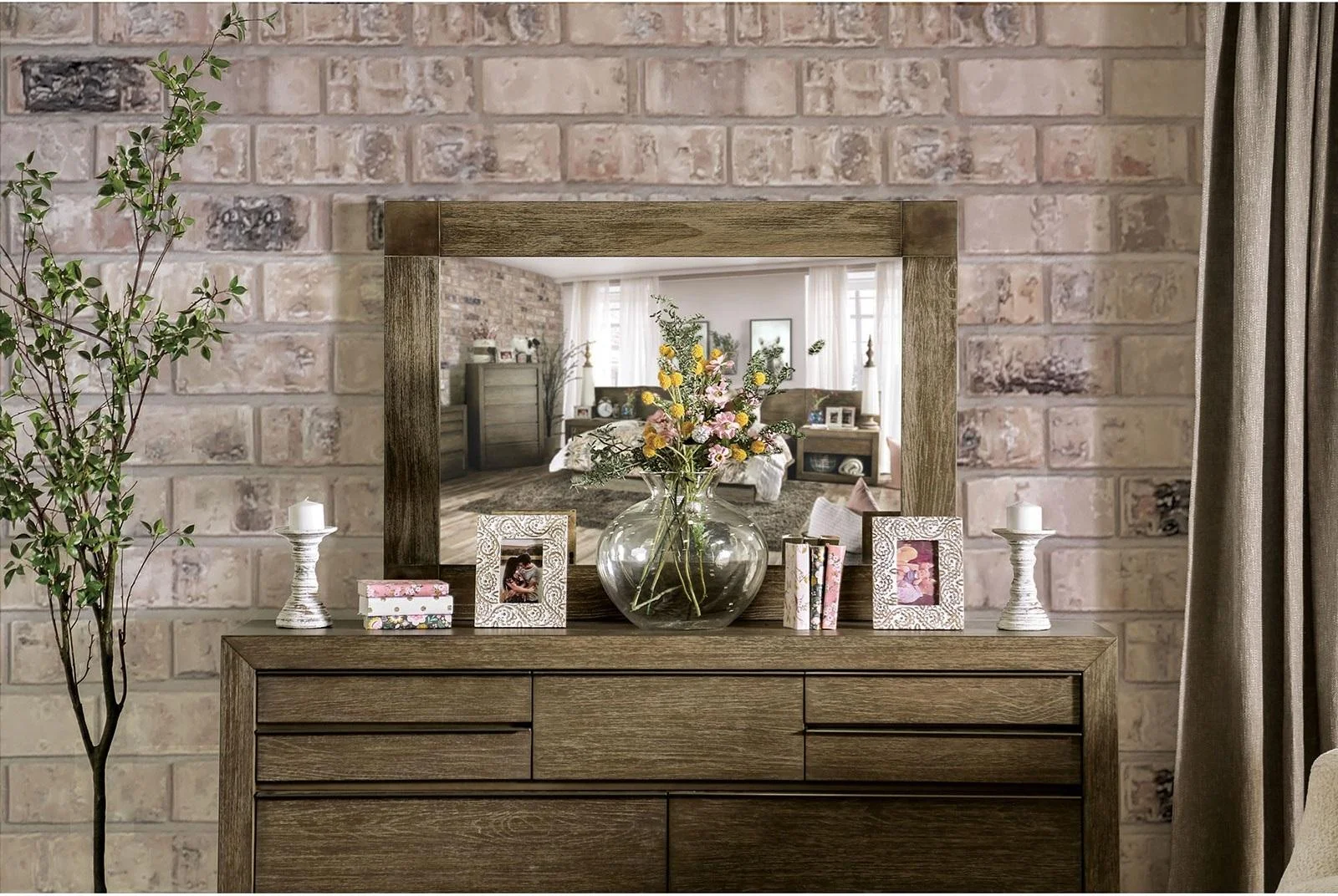 Transitional Light Walnut Solid Wood Dresser w/Mirror FOA FOA7490D*M Bridgewater