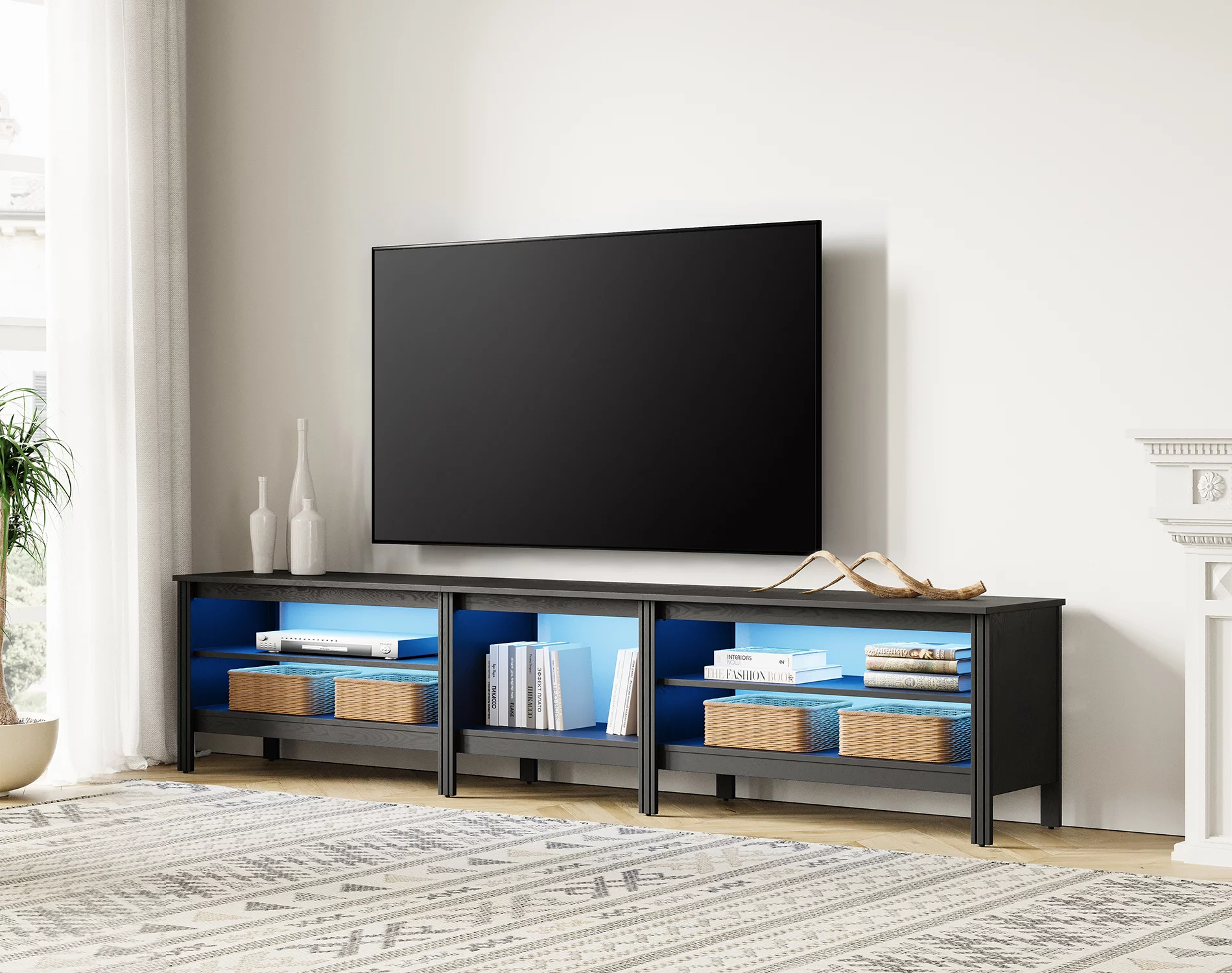 TV Stand for 85 inches Flat Screen, LED Wood Media Console Storage Cabinet Entertainment Center with 6 Open Shelves, 95 inches, Black