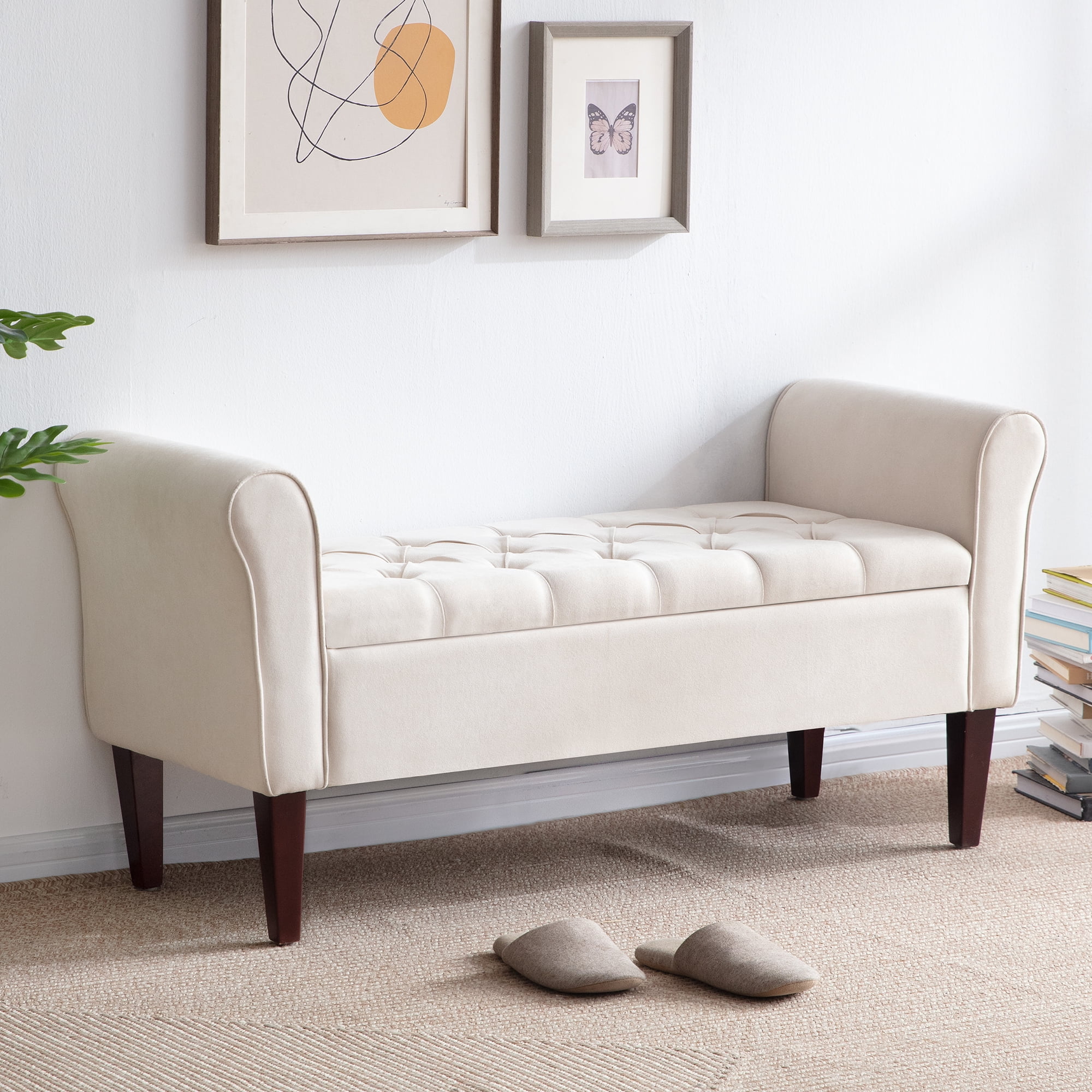 HUIMO Storage Bench for Bedroom End of Bed Bench Rolled Armed Linen Fabric Ottoman Couch Long Bench Entryway Bench with Storage,Window Bench, Beige