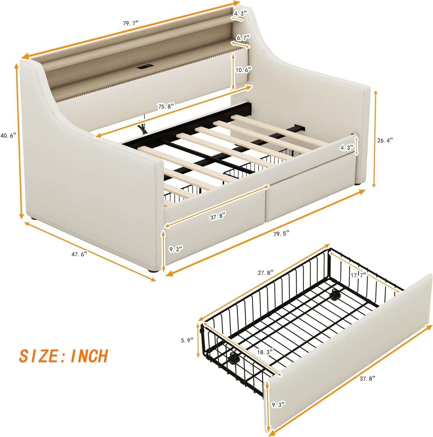 Upholstered Size Daybed With 2 Drawers,Wooden Daybed With Charging Station And LED Lights, PU Leather Daybed Sofa Bed With Slat Support For Bedroom,Living Room, Beige