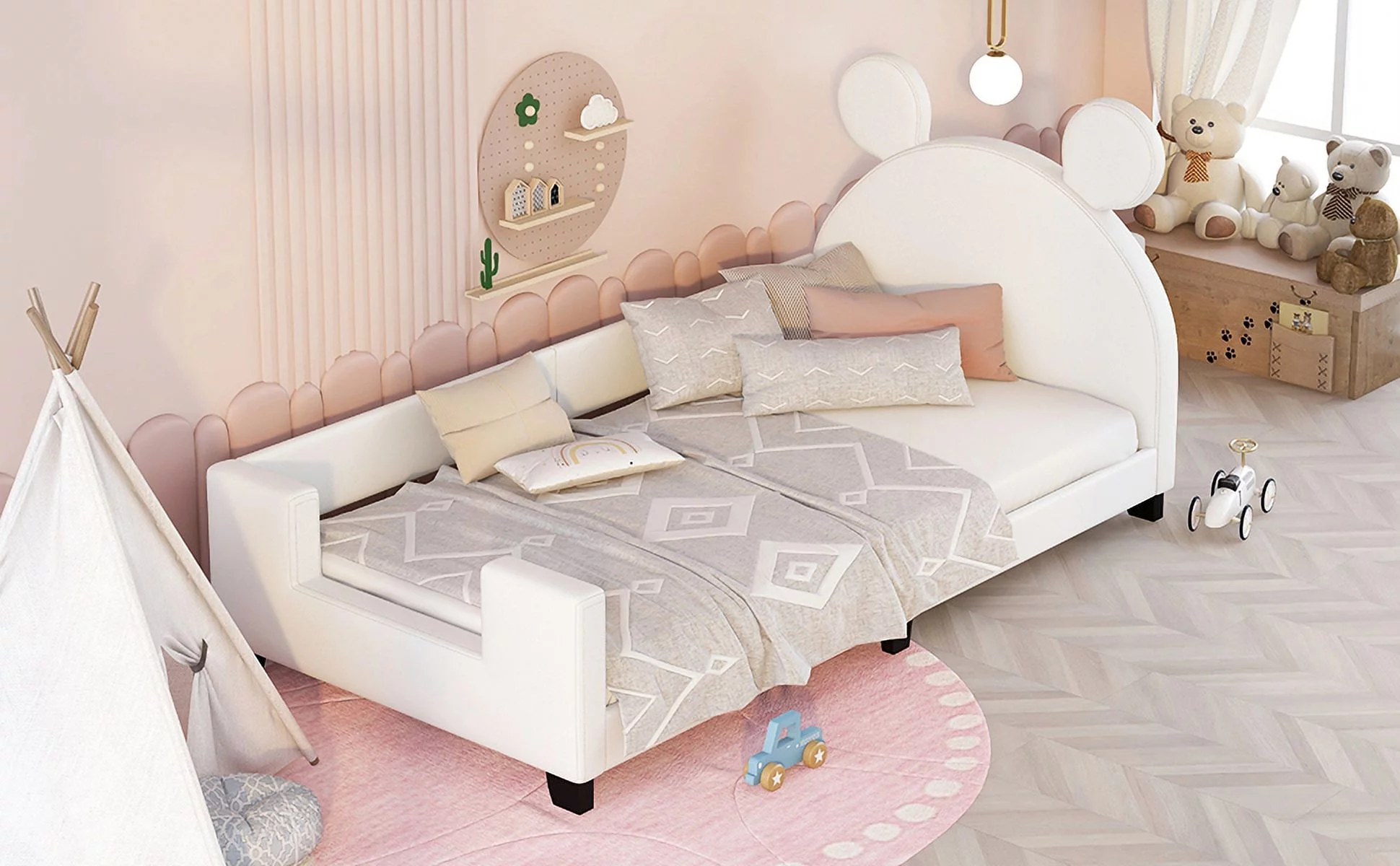 Dcenta Twin Size Upholstered Daybed with Carton Ears Shaped Headboard, White