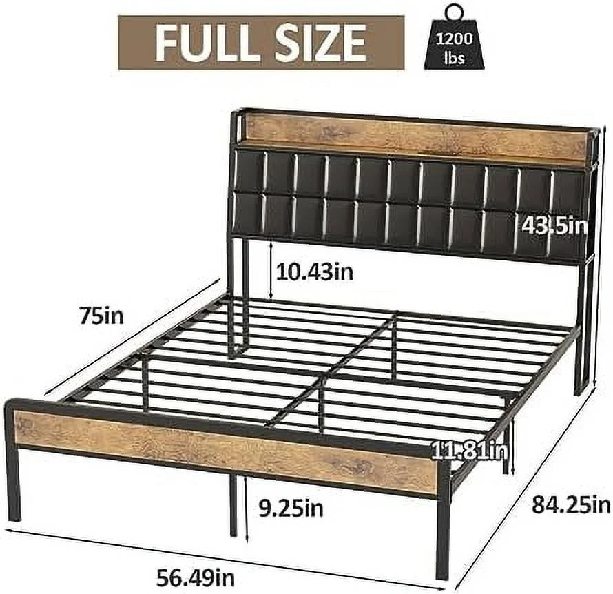 HBBOOMLIFE Queen Bed Frame with Charging Station and  Headboard Farmhouse Metal Platform Bed with Led Upholstered Headboard Queen Size Bed No Box Spring Needed  Easy to Install