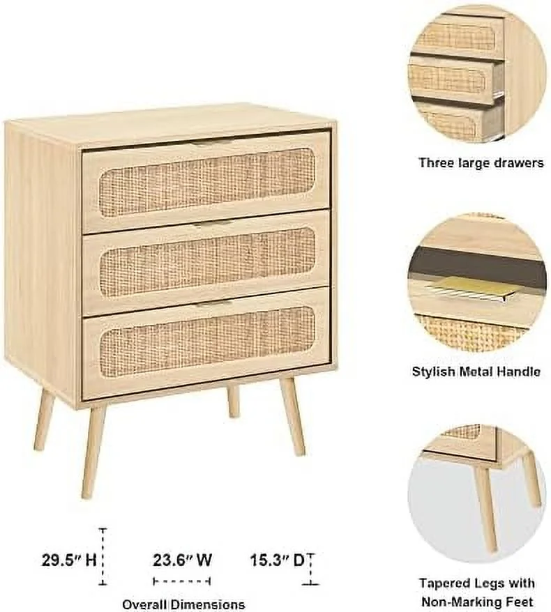 xrboomlife Drawer Dresser Rattan Chest of Drawers with 3 Drawers Dresser Accent Cabinet Modern Bedside Table for Living Room Bedroom Entryway (Natural)