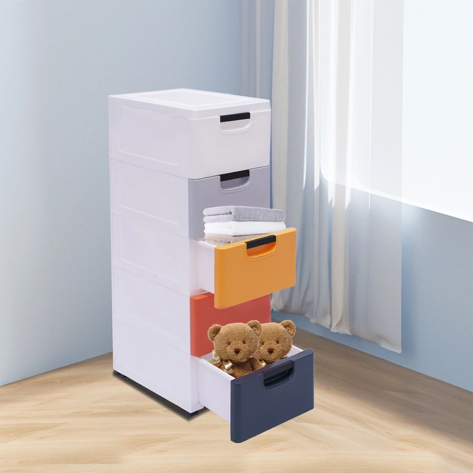 ZhdnBhnos 5 Drawers Stackable Clothes Storage Box Vertical Multi-purpose Organizer Storage Closet Cabinet Cases with 4 Wheels Morandi Color