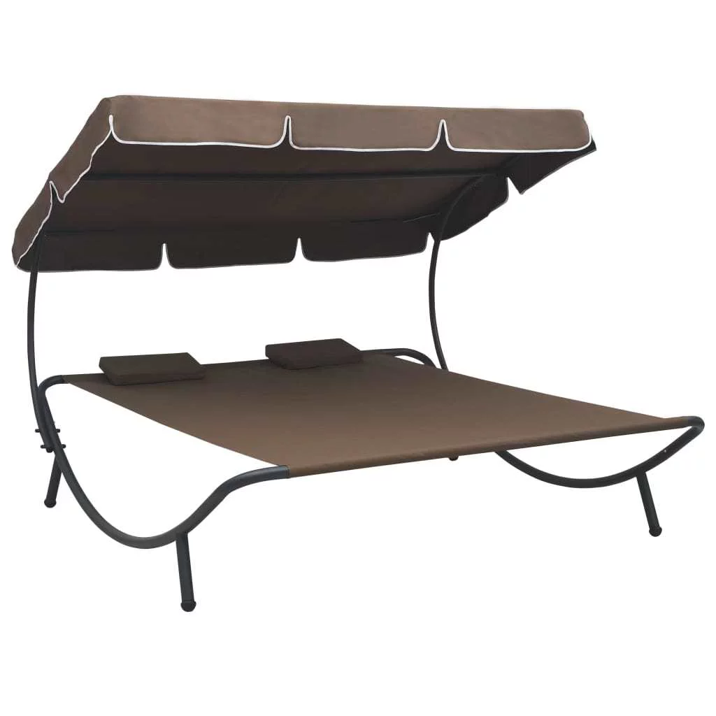 Outdoor Lounge Bed with Large Canopy and 2 Pillows Brown Patio Double Sun Bed