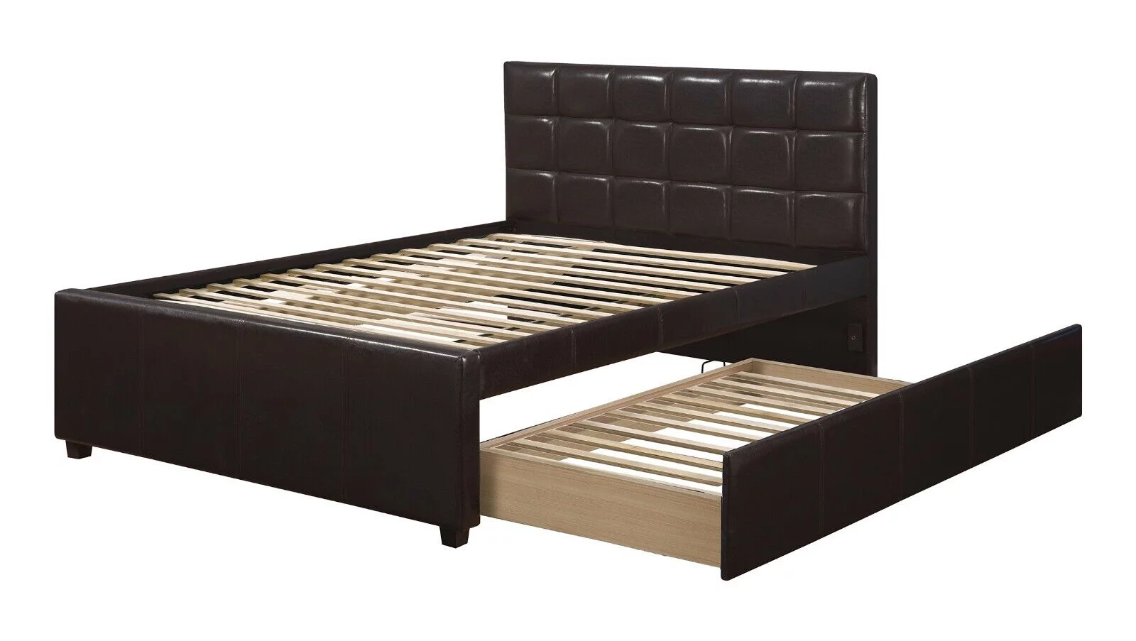 Modern Youth Bedroom Full Size Bed W Trundle Espresso Faux Leather Upholstered Squared Box Headboard 1pc Bed Furniture