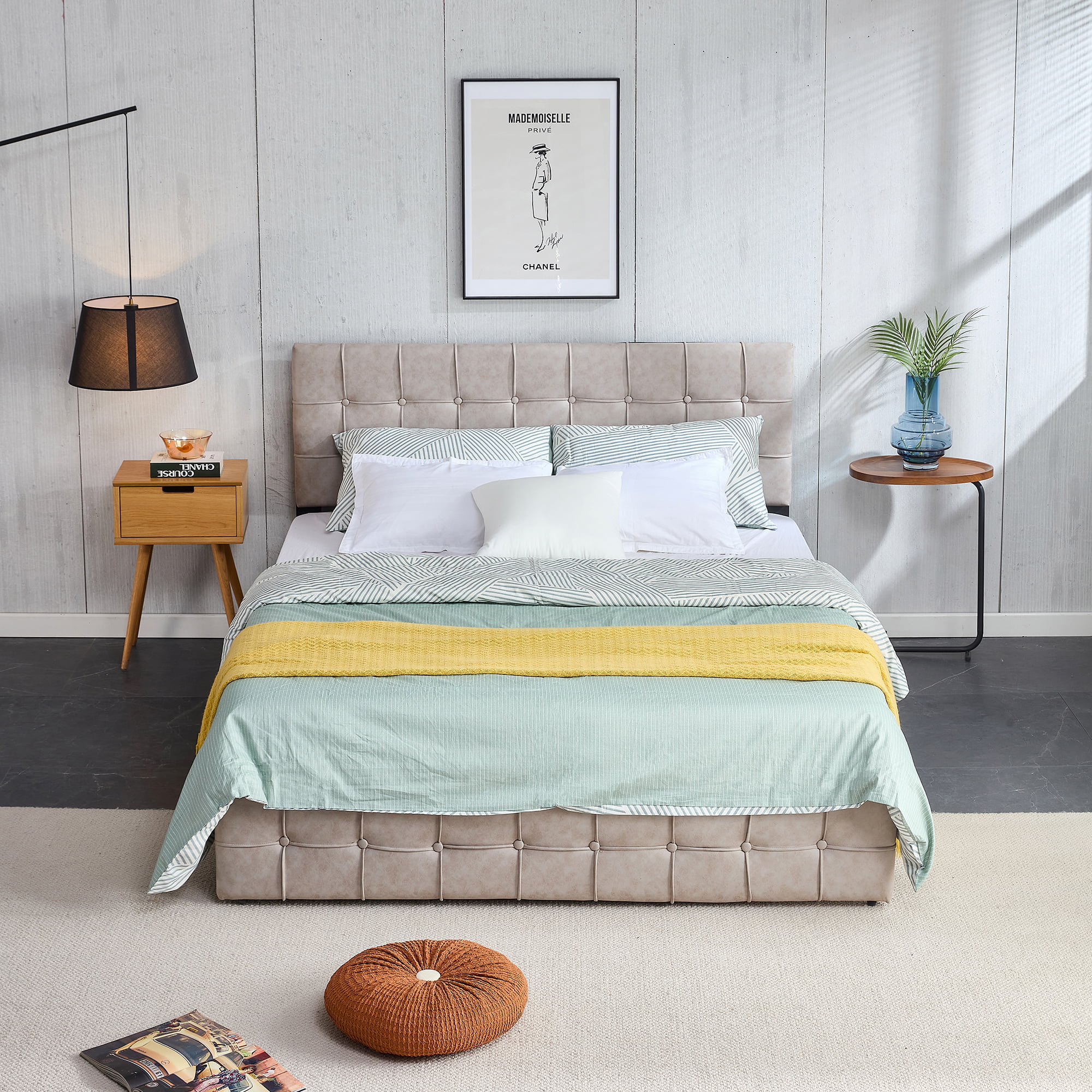 Full Size Bed Frame, Modern Upholstered Platform Bed Frame Lights and Height Adjustable Headboard, Square Stitched Button Tech cloth, No Box Spring Needed/Easy Assembly/Pack in 1-Box/Noise-Free ,Beige