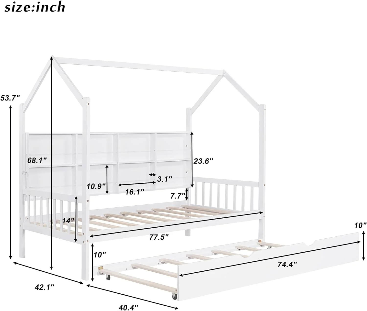 Size House Beds With Trundle And Storage Shelves For Kids Montessori Bed Wood Playhouse Tent Bed Frame For Girls Boys, White