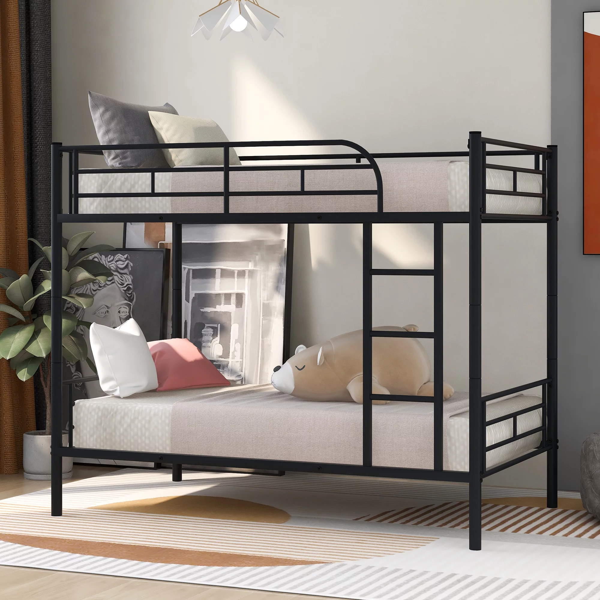 Twin Over Twin Metal Bunk Beds with Ladders,Twin Bunk Bed with Full-Length Guardrail for Dormitory Bedroom, Noise Free, No Box Spring Needed(Twin Bed,Black)