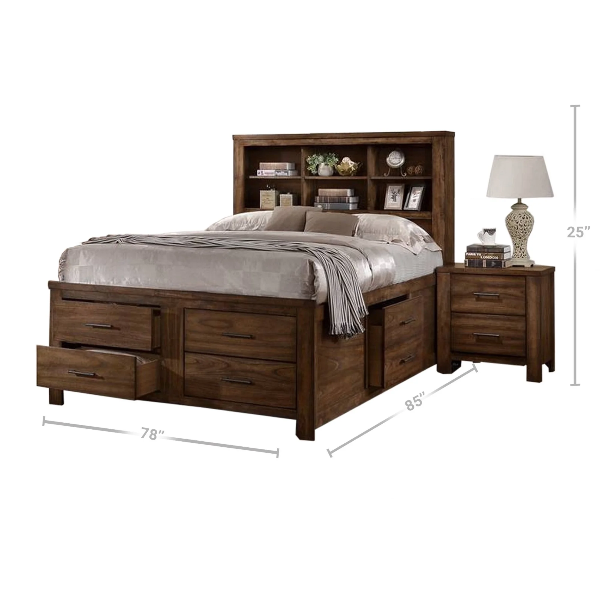 Benjara Tiva Wood King Size Bed, 6 Drawers, Book Case Frame, Distressed Oak Brown