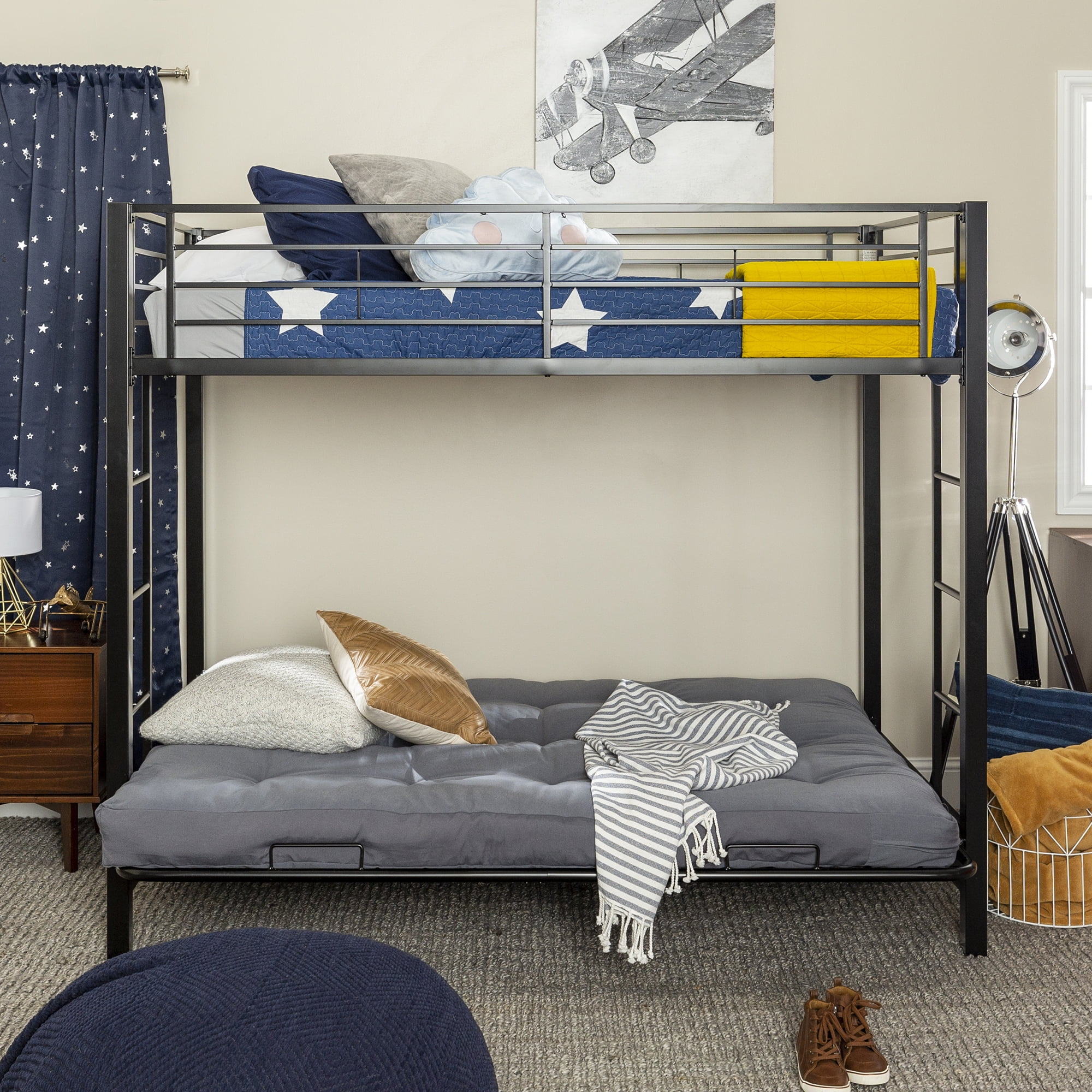 Walker Edison Premium Metal Twin Over Futon Bunk Bed - Black, Mattresses Not Included