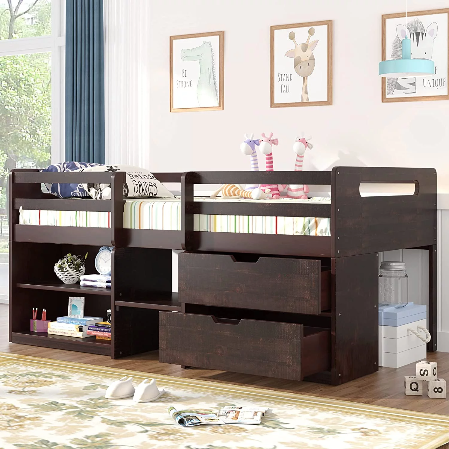 Twin Loft Bed with Storage and Drawers, Low Loft Bed Frame with 2 Shelves and 2 Drawers, No Box Spring Needed (Twin Size, Espresso)