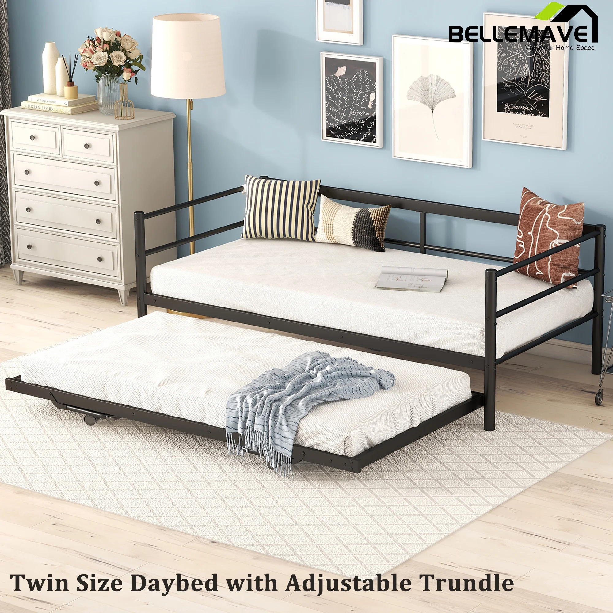 Bellemave Metal Daybed with Trundle/Pop Up Trundle, Twin Size Daybed with Adjustable Trundle for Kids, Girls,Boys(Black)