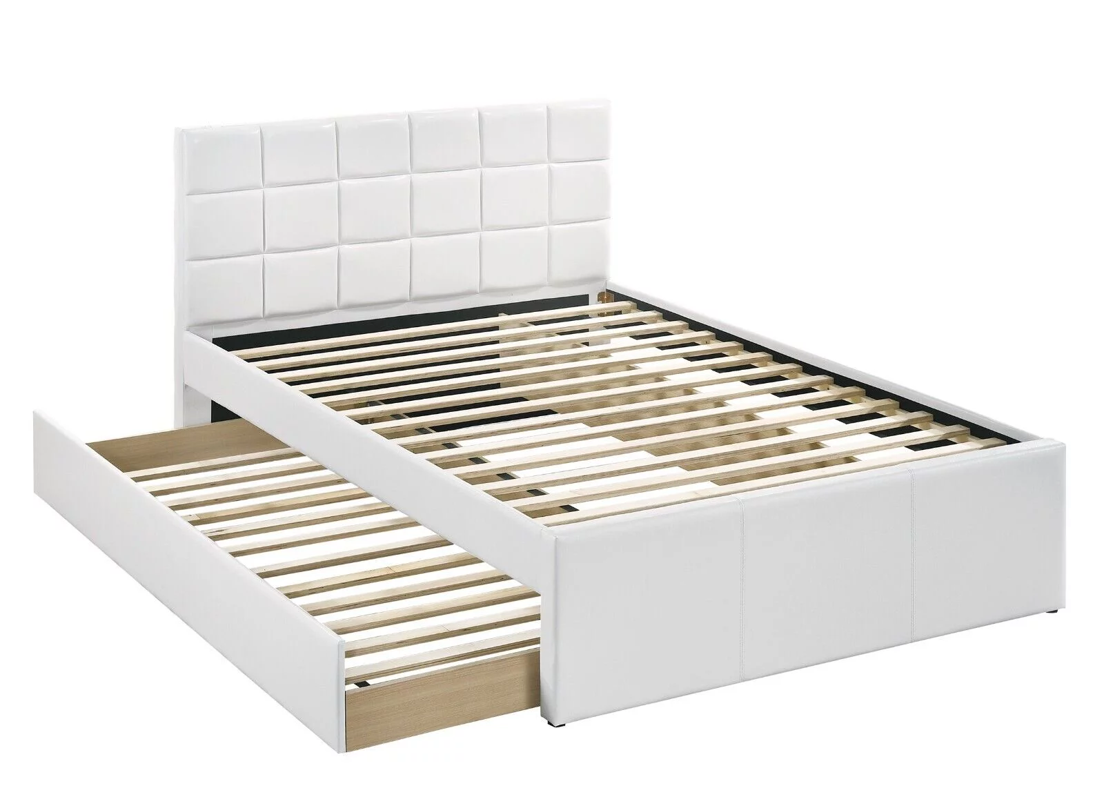 Classic Youth Bedroom Twin Size Bed W Trundle White Faux Leather Upholstered Squared Box Headboard 1pc Bed Furniture