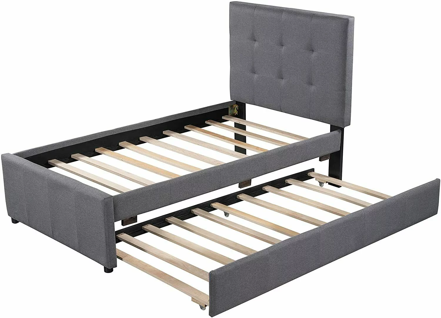 CHURANTY Twin Size Linen Upholstered Platform Bed with Headboard and Trundle, No Box Spring Needed, Gray