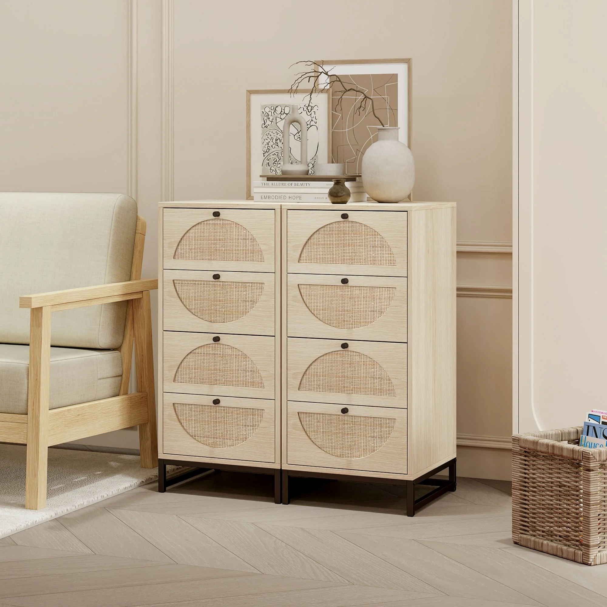 CoSoTower Set of 2, Natural Rattan, Cabinet with 4 Drawers, Suitable for Living Room, Bedroom and Study, Diversified Storage
