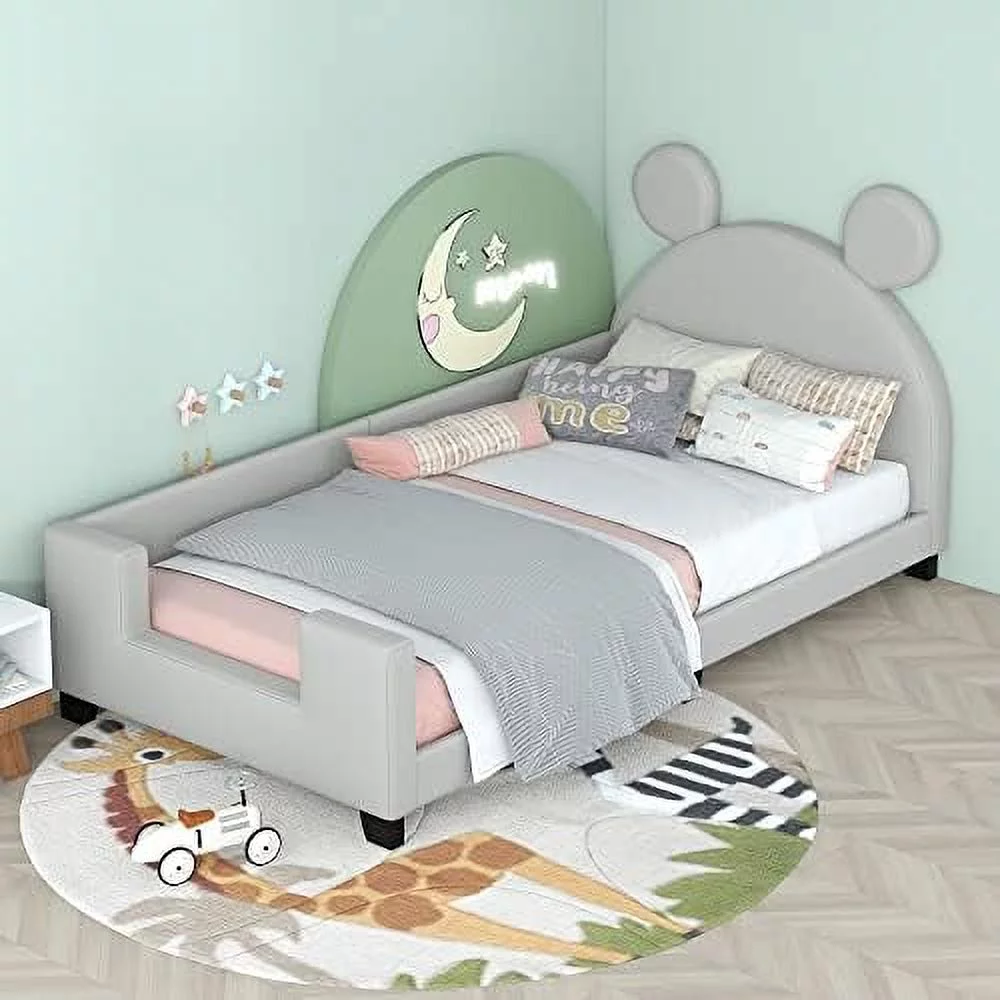 Size Upholstered Daybed With Mouse Carton Ears Shaped Headboard, Wooden Daybed Frame For Bedroom Living Room(Grey)
