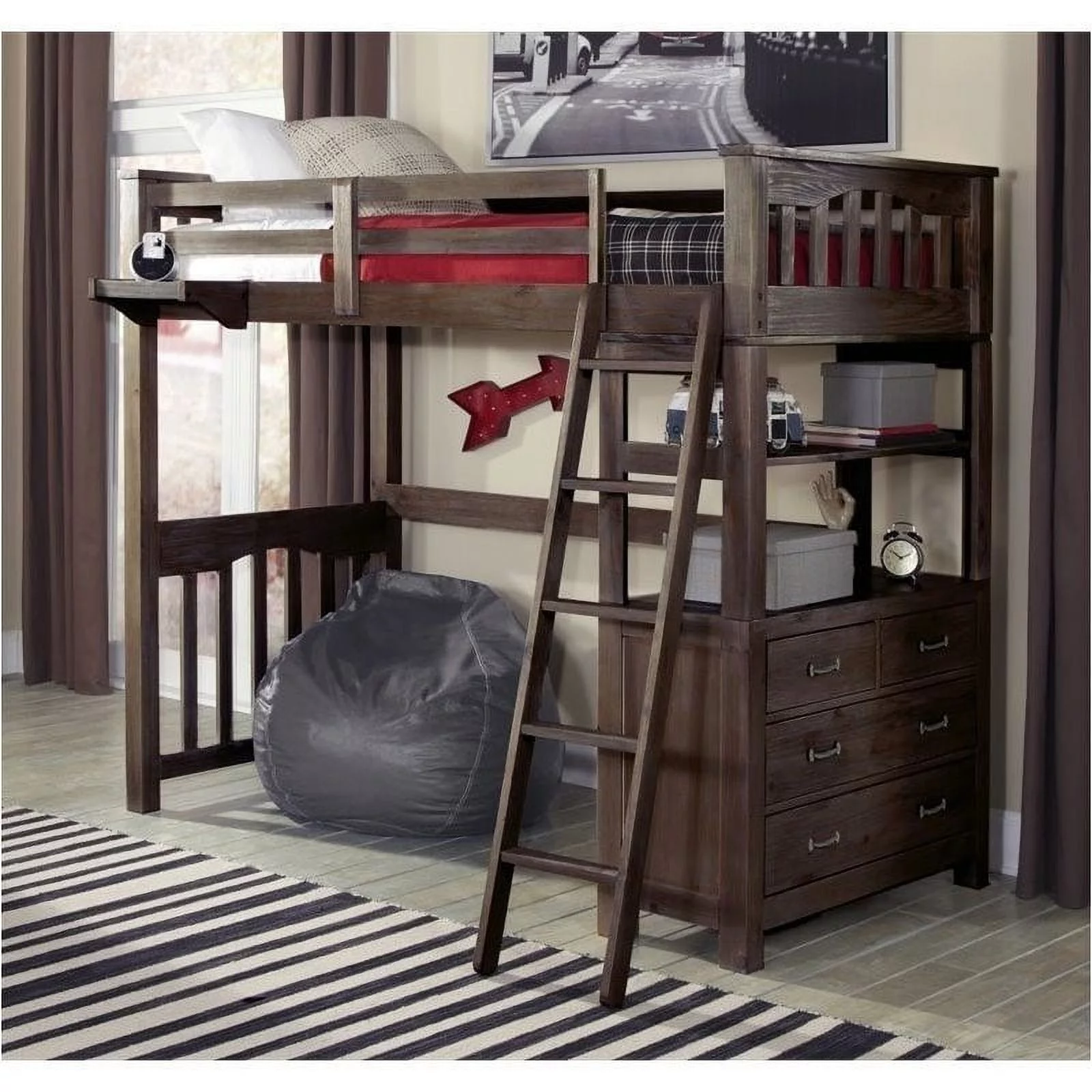 Rosebery Kids Twin Loft Bed with Hanging Shelf in Espresso