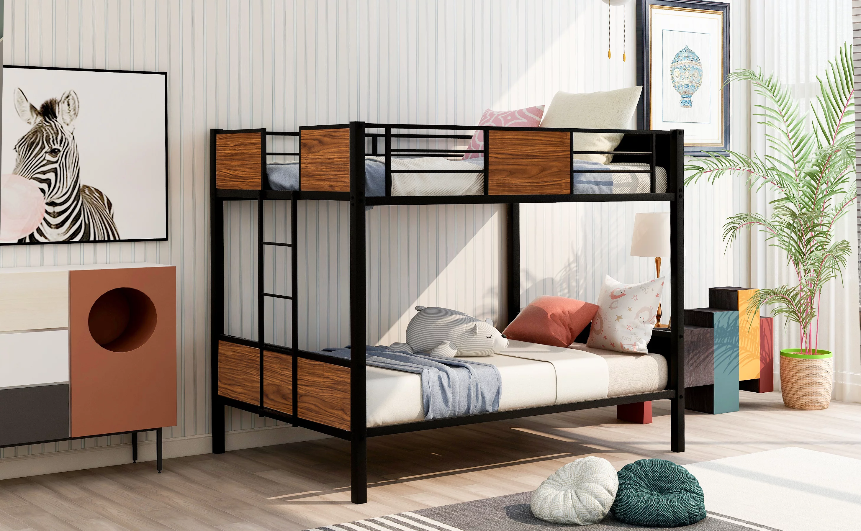 Dcenta Full-over-full bunk bed modern style steel frame bunk bed with safety rail, built-in ladder for bedroom, dorm, boys, girls, adults