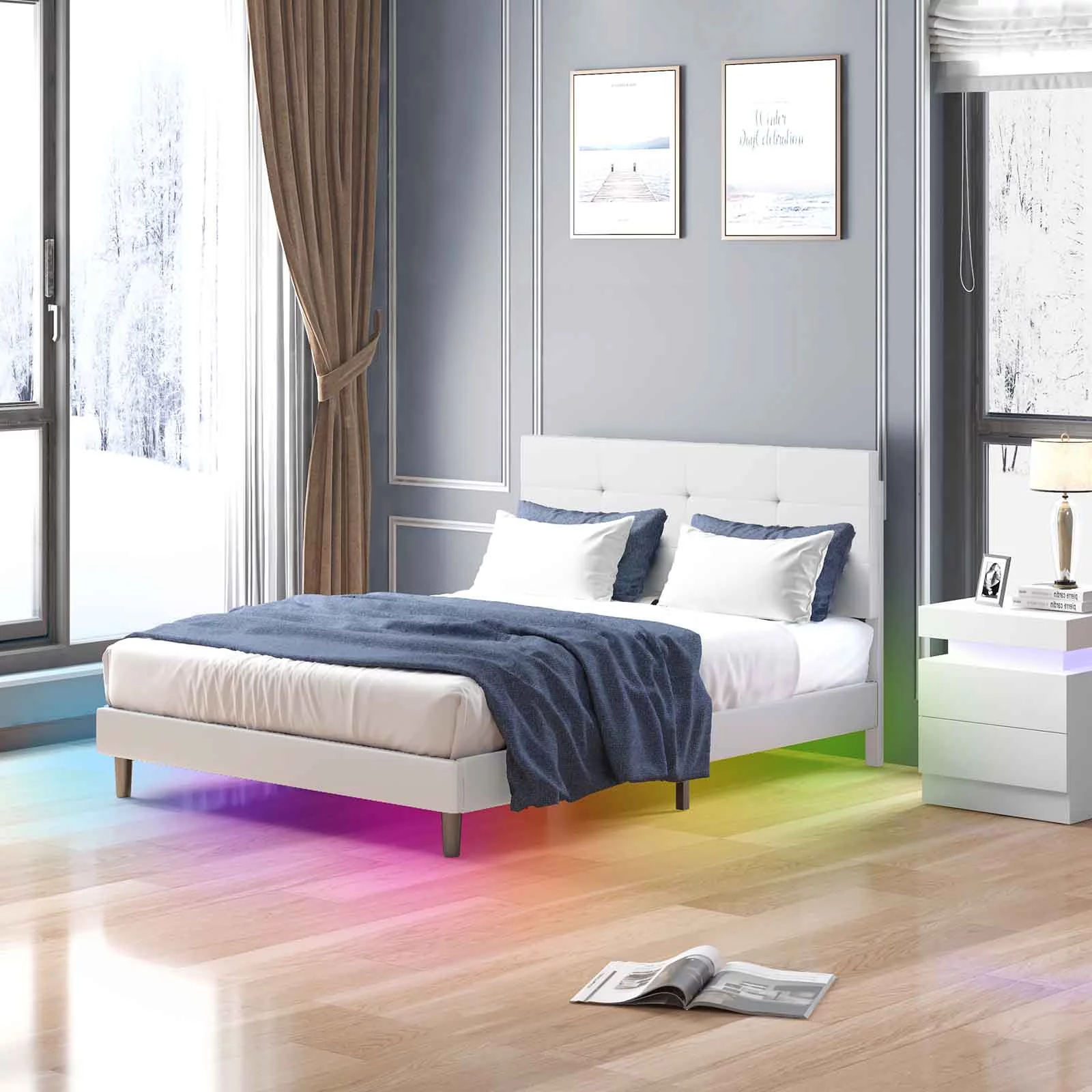 CECER King Size Bed Frame with Smart RGB LED Lights Button Tufted Headboard PVC Fabric Upholstered Platform No Box Spring Needed-White