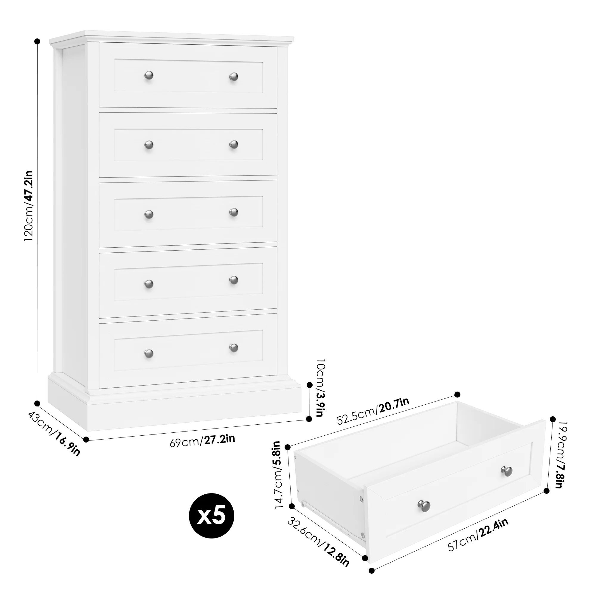 Homfa White Dresser with 5 Drawers, Vertical Storage Cabinet Chest of Drawers for Bedroom Living Room