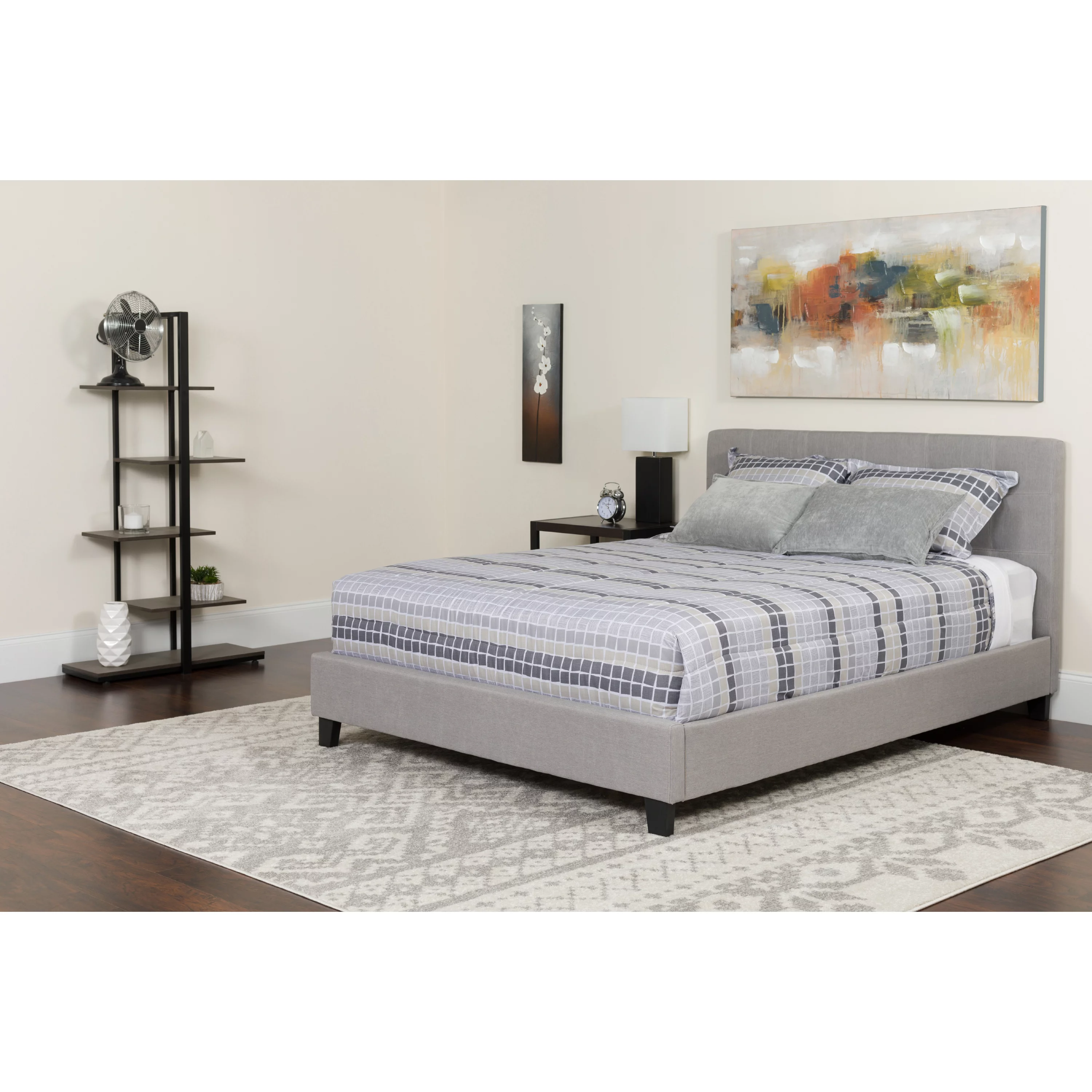 BizChair Twin Size Two Button Tufted Upholstered Platform Bed in Light Gray Fabric with Mattress