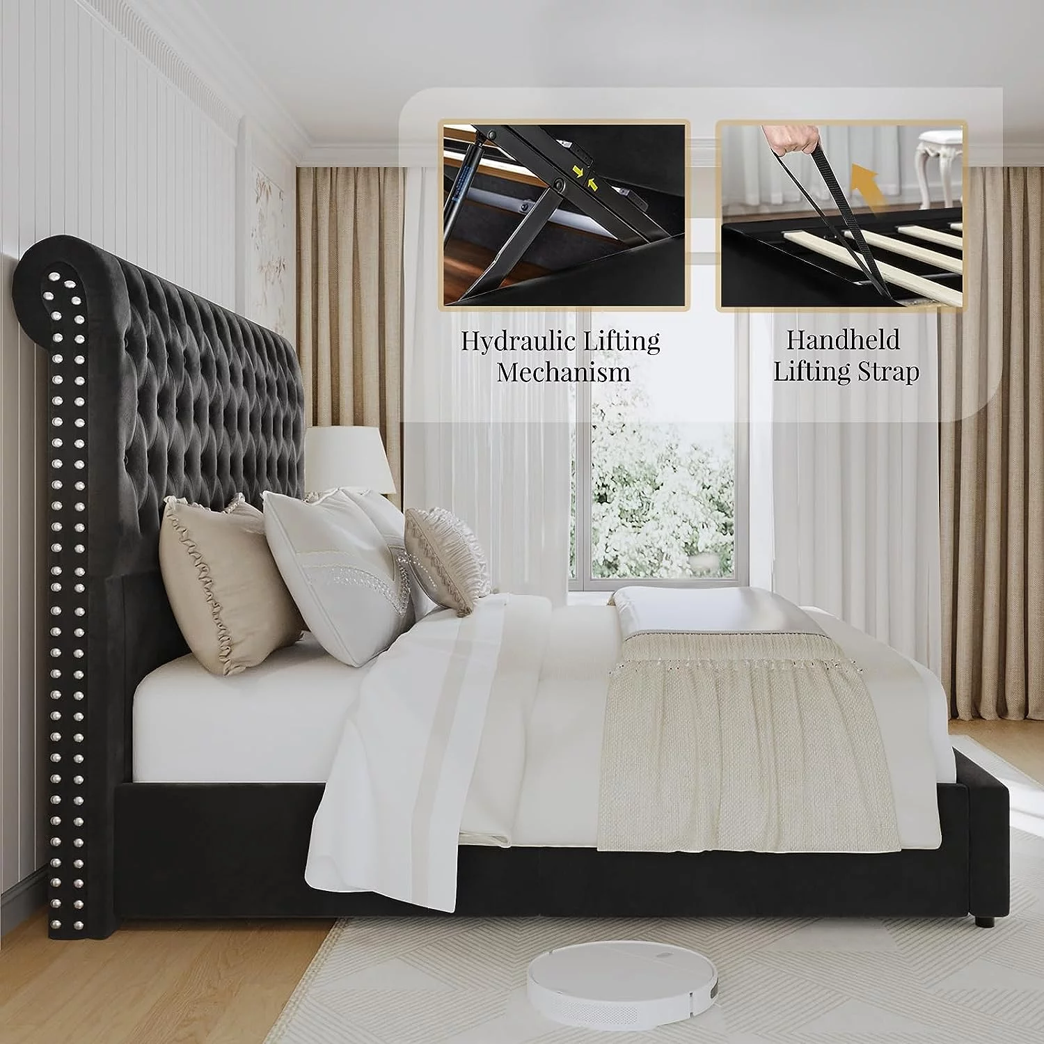 Jocisland Lift Up Storage Bed King Size Velvet Upholstered Sleigh Platform Bed Frame/52.4