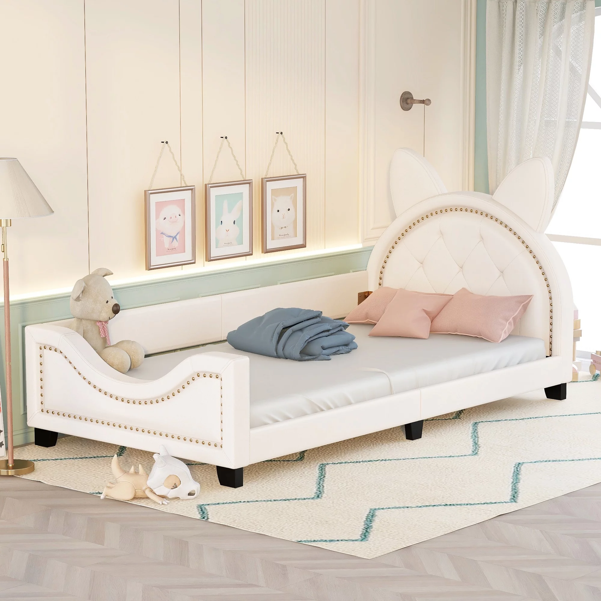 Dcenta Twin Size Upholstered Daybed with Carton Ears Shaped Headboard, White