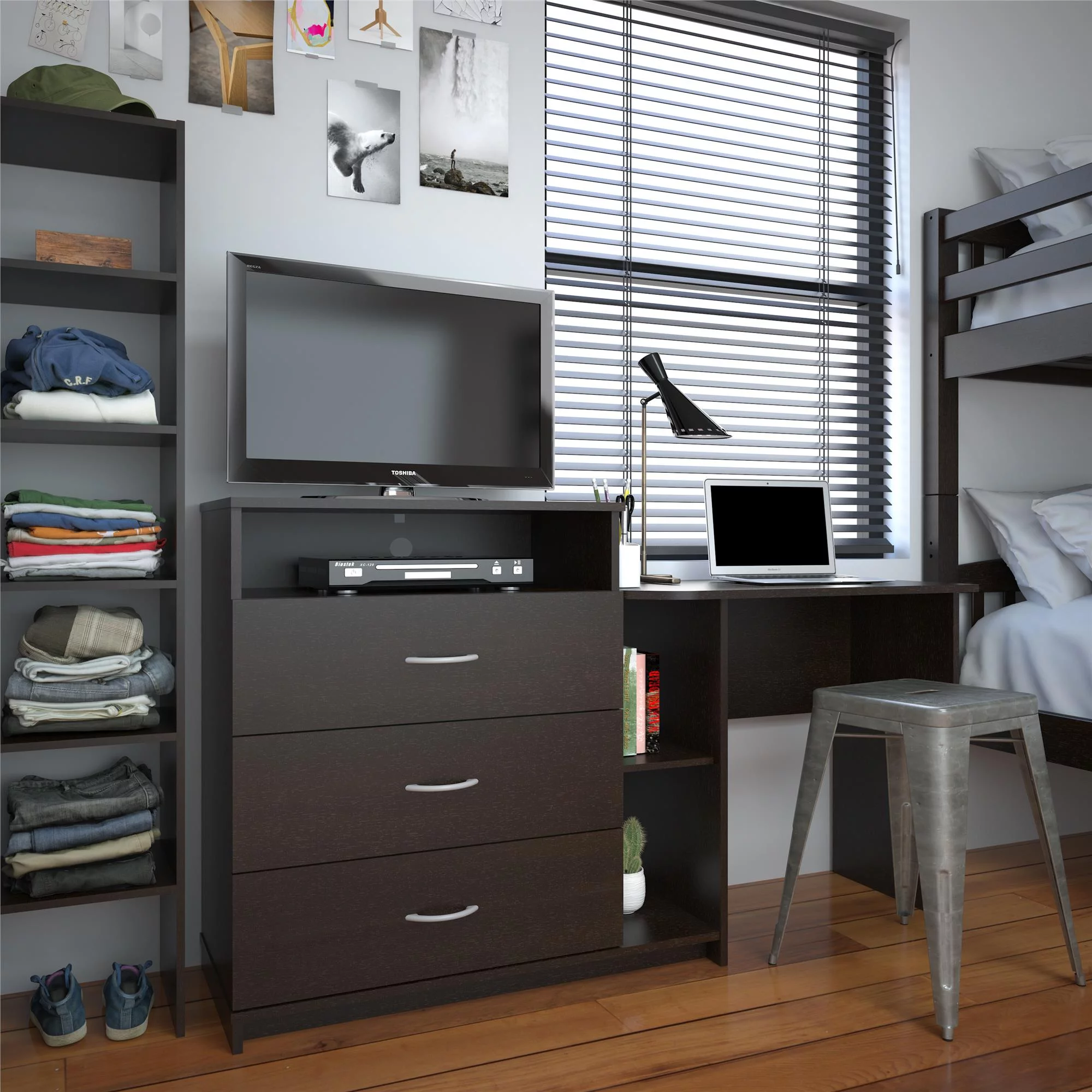 Elm & Oak Somerset 3 in 1 Media Dresser and Desk Combo, Espresso