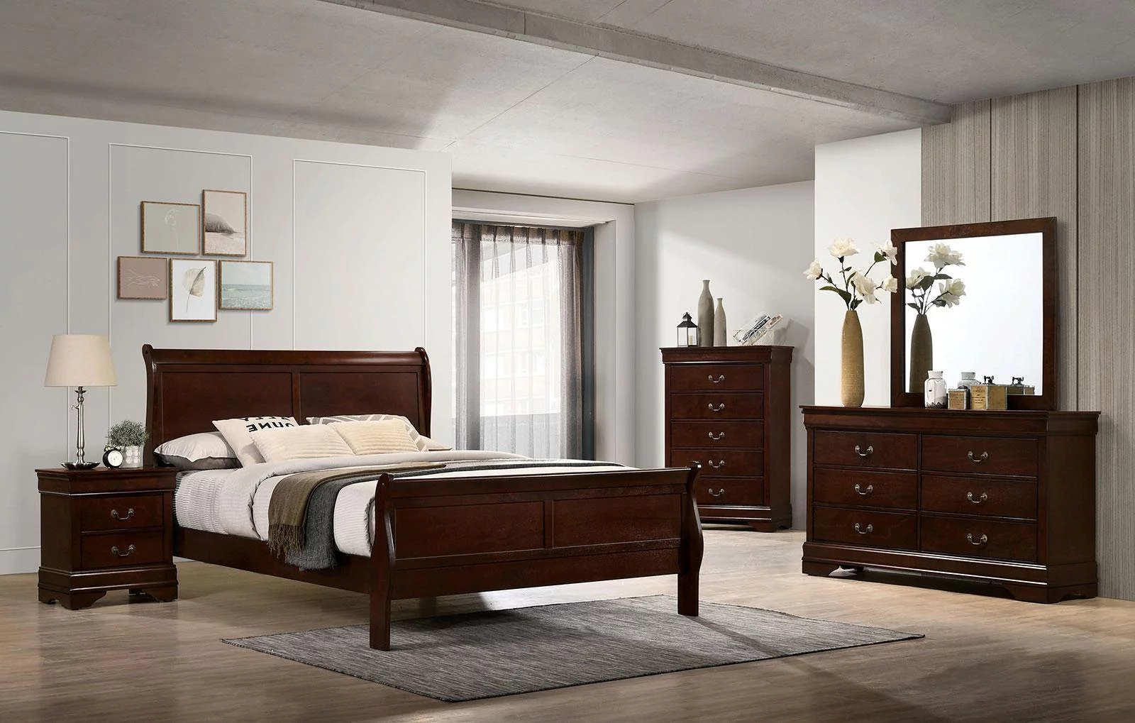 Cherry Solid Wood Queen Bedroom Set 6pcs FOA CM7966CH Louis Philippe