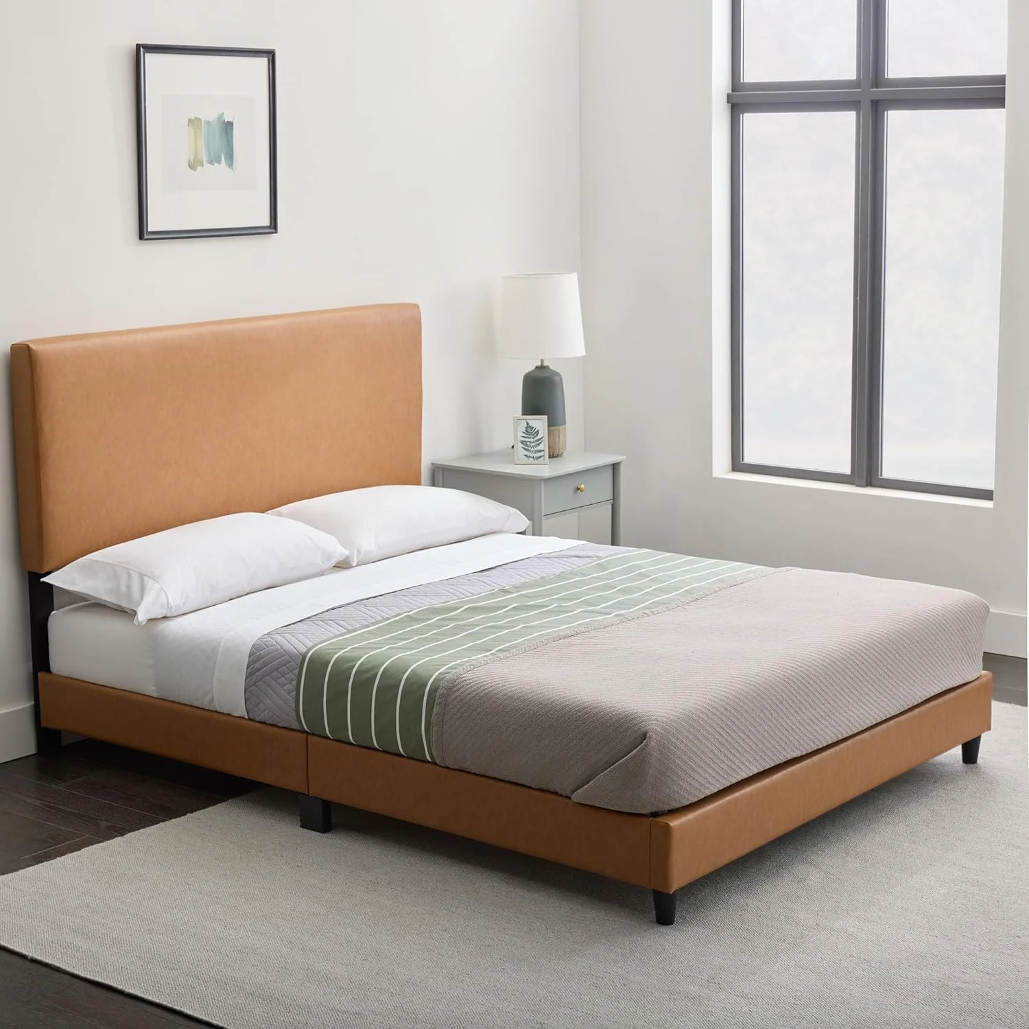 OUWI Platform Bed with Headboard – No Box Spring Needed – Faux Leather Upholstered Platform Bed Frame – Low Profile, Queen, Camel