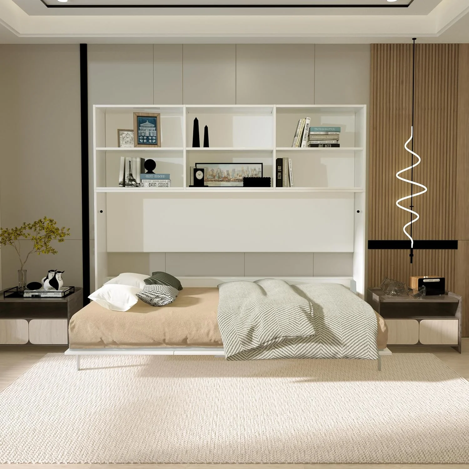 Size Murphy Bed With Ope Storage Shelves, Moder Full Size Foldig Bed Frame, Space Savig Wall Bed Gas Struts For Bedroom, Guestroom, White