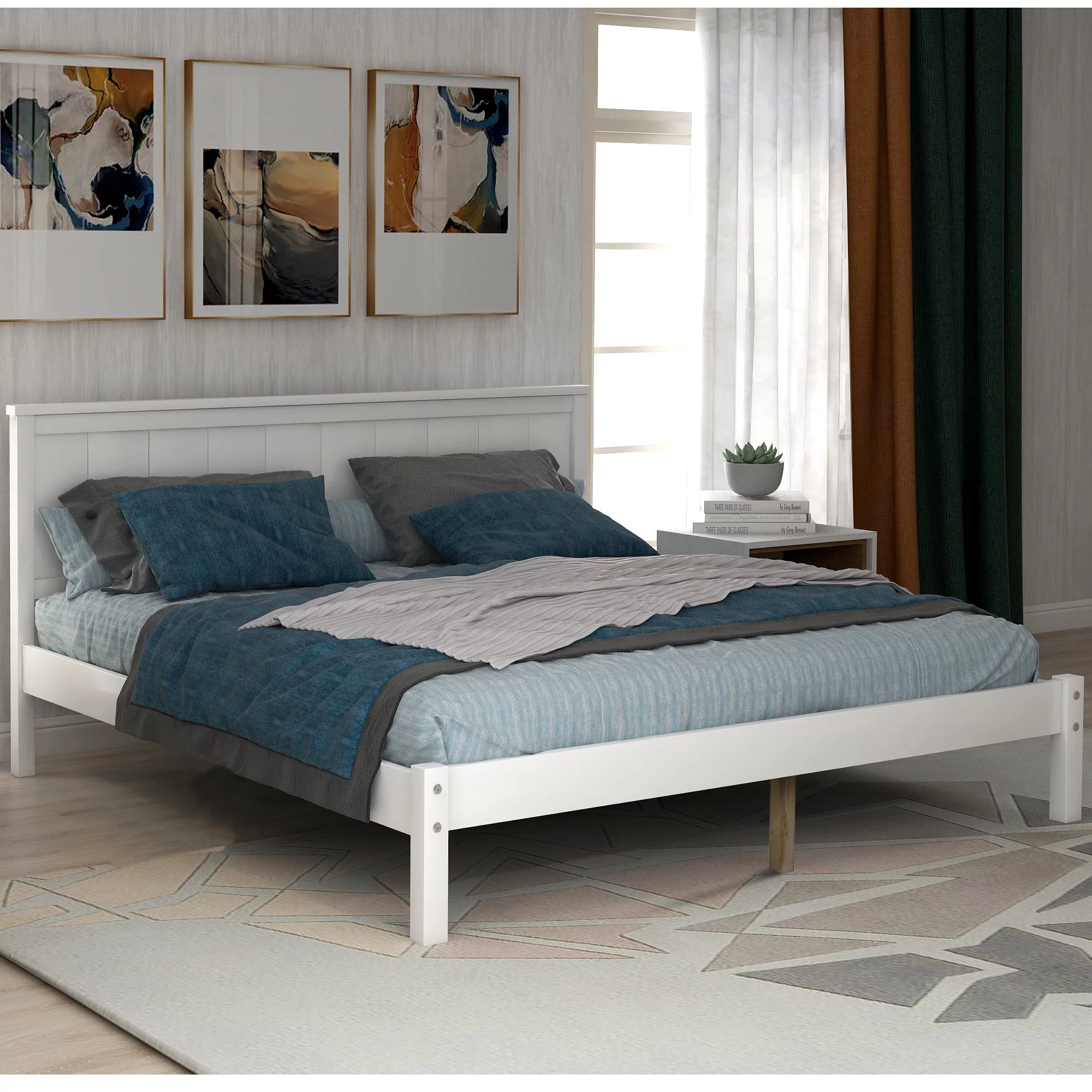 Nestfair White Full Wooden Platform Bed with Headboard and Wood Slat Support