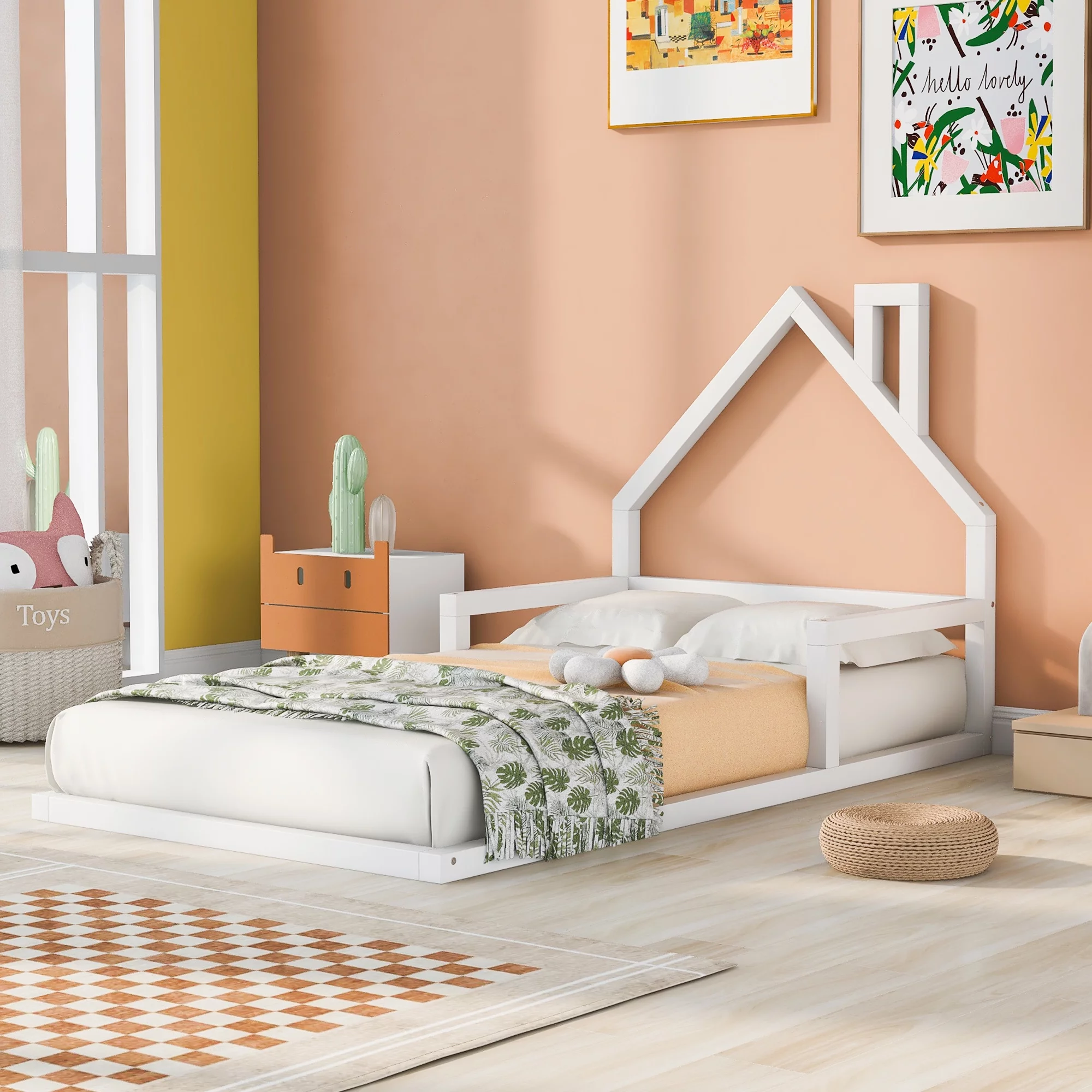 Euroco Twin Size Wood Floor Bed for Kids Room, White