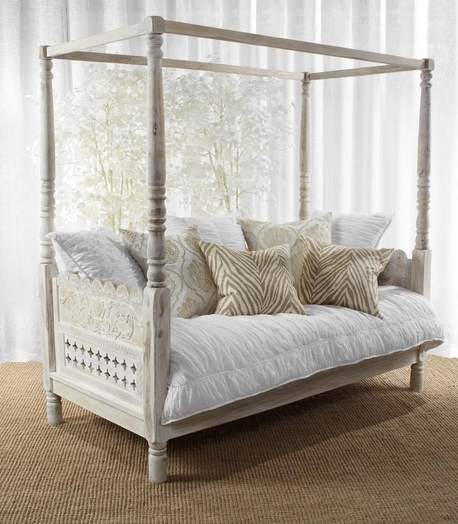 Four Poster Mango Wood Handcarved Daybed, Handmade Daybed, mango wood Sofa, Handcarved Sofa