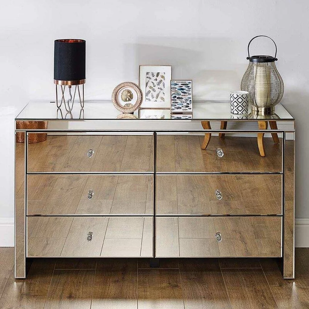 Home Belongs Eva 6 Drawers Modern Dresser in Clear Mirror Finish, 29 inch Height