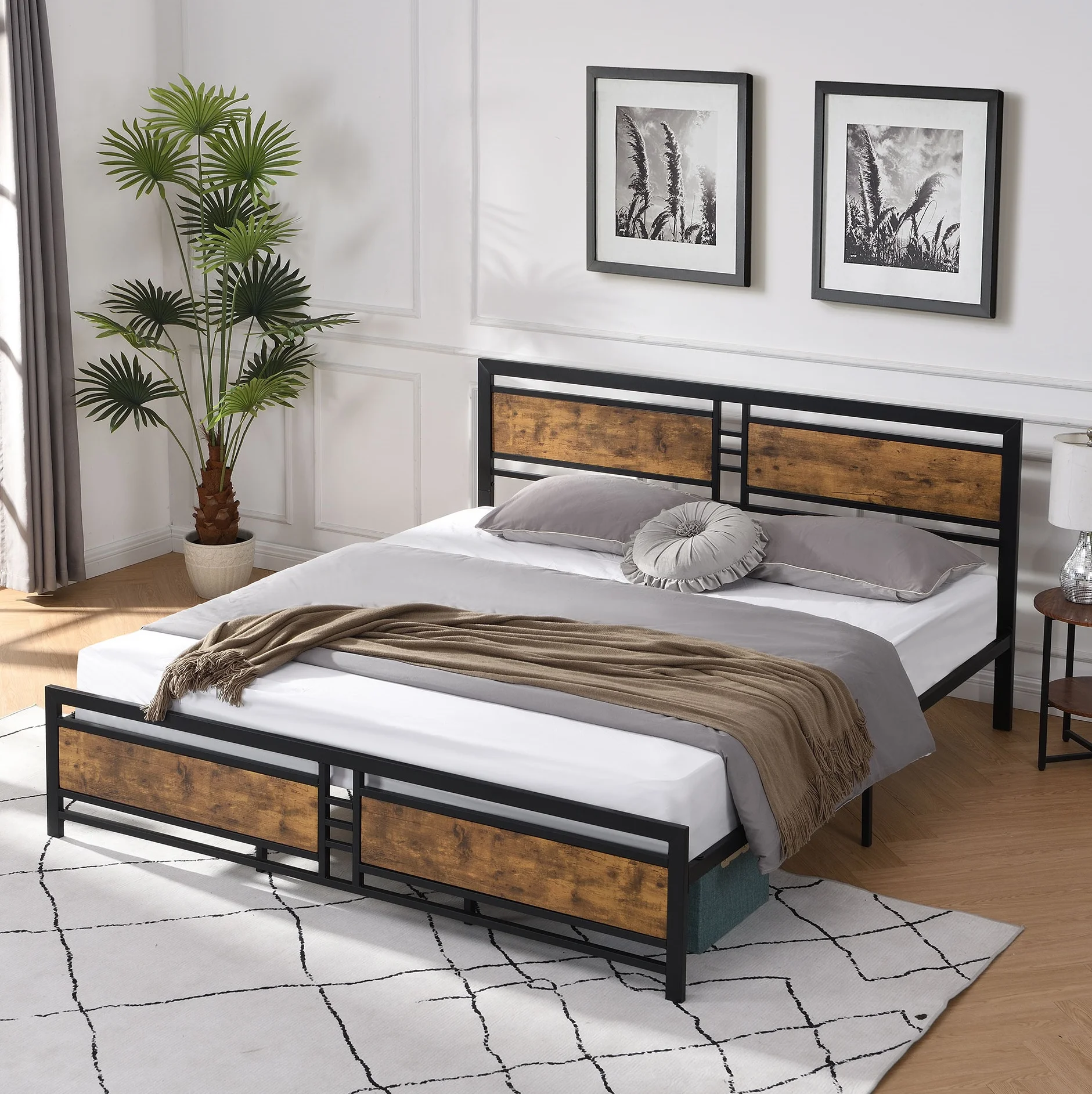 iRerts King Size Platform bed frame, Industrial Heavy Duty Metal King Bed Frame Mattress Foundation with 1100 LBS Weight Capacity, Noise-Free, No Box Spring Needed, Wood Headboard