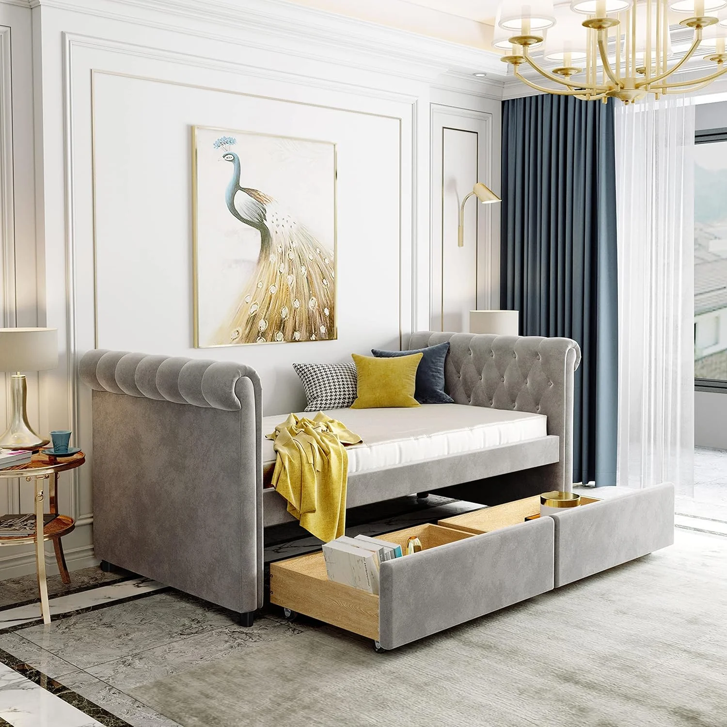 Bed With Drawers, Upholstered Daybed With Storage Drawers, Wood Daybed Size, No Box Spring Needed, Grey