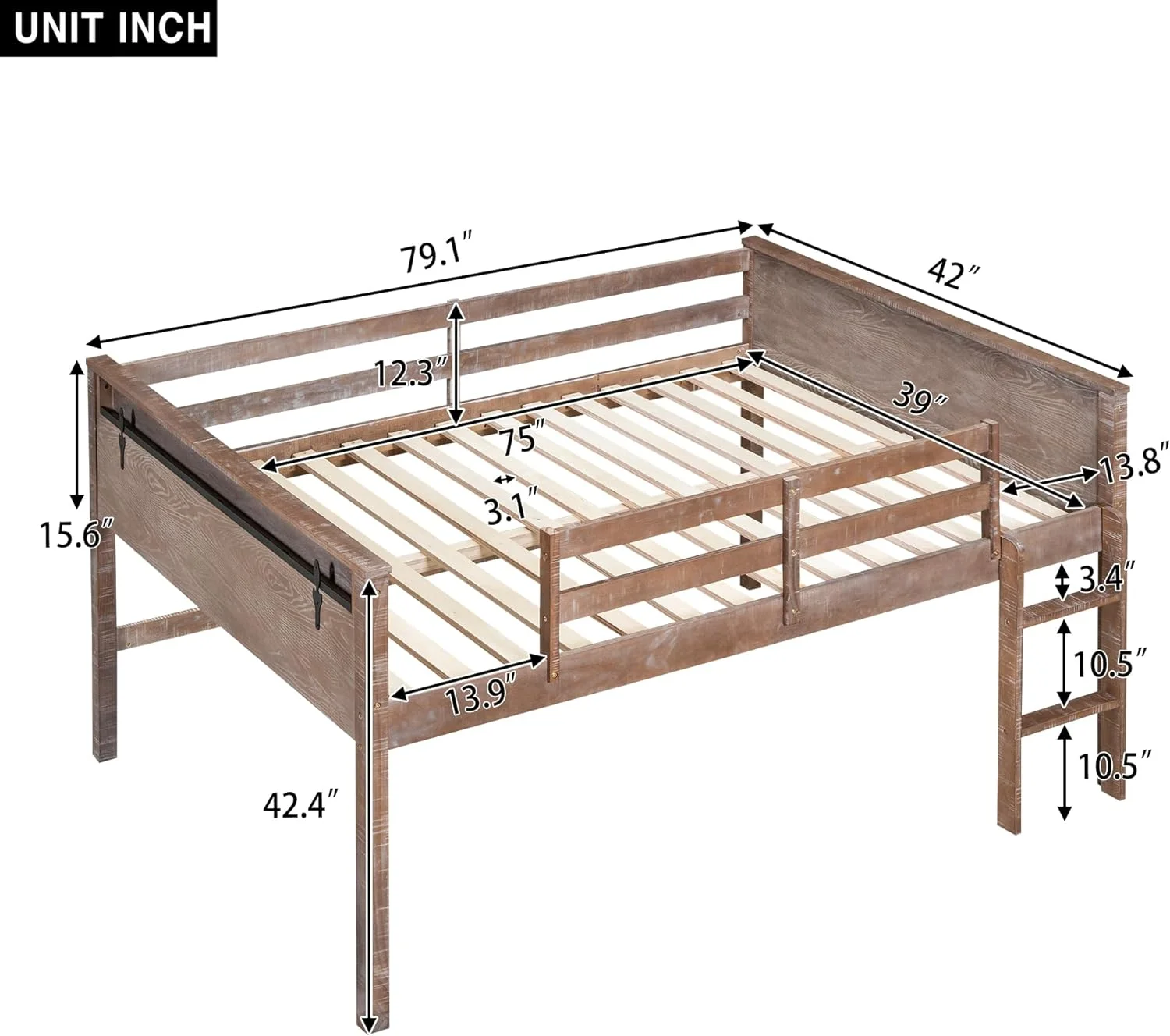 Wood Loft Bed Size With Hagig Clothes Racks,Low Loft Bed For Boys Girls,White Rustic atural
