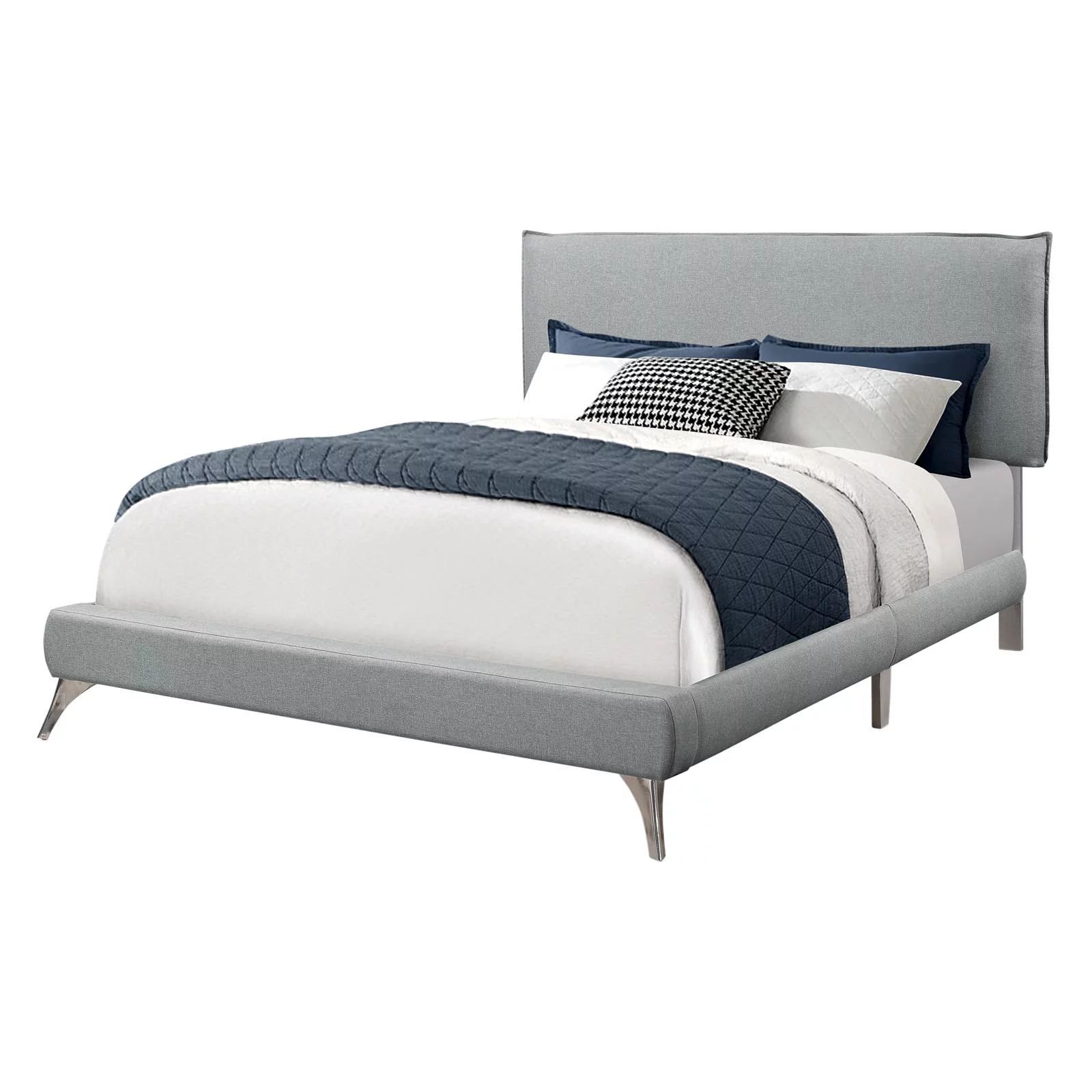 Bed Queen Size Platform Bedroom Frame Upholstered Linen Look Grey Chrome