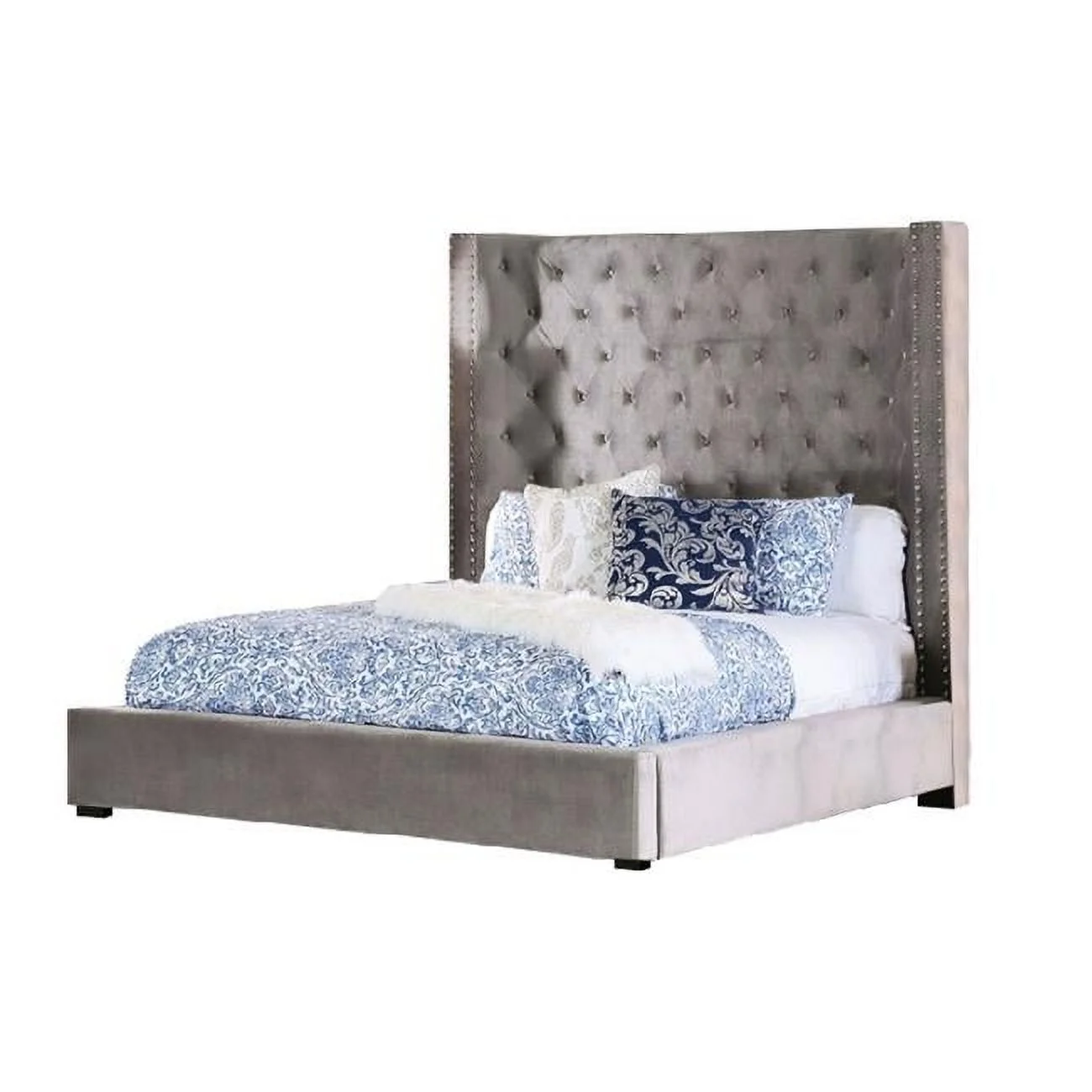Benjara BM245810 Bed with Button Tufted High Wingback, Taupe & Gray - Queen Size