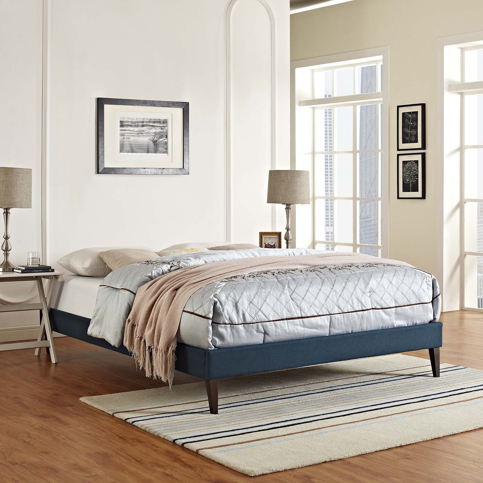 Modern Contemporary Urban Design Bedroom Full Size Platform Bed Frame, Fabric, Navy Blue
