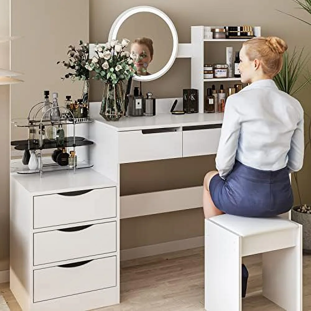 KHBIULIFE Large Vanity Table Set Makeup Vanity Dressing Table with Mirror  5 Drawers & Shelves  Dresser Desk and Cushioned Stool Set (White Normal Mirror)