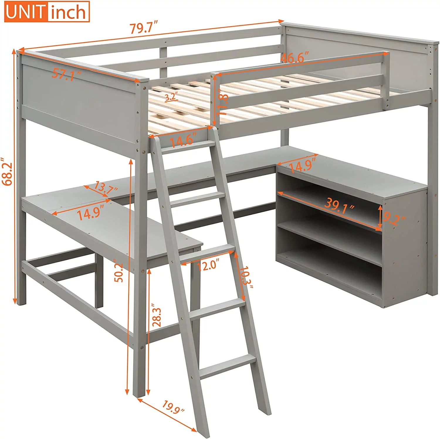 Wooden Full Size Loft Bed with Built-in Desk and Bookshelves, Solid Wood High Bedframe w/Storage Cabinet, Guardrails and Ladder, Gray