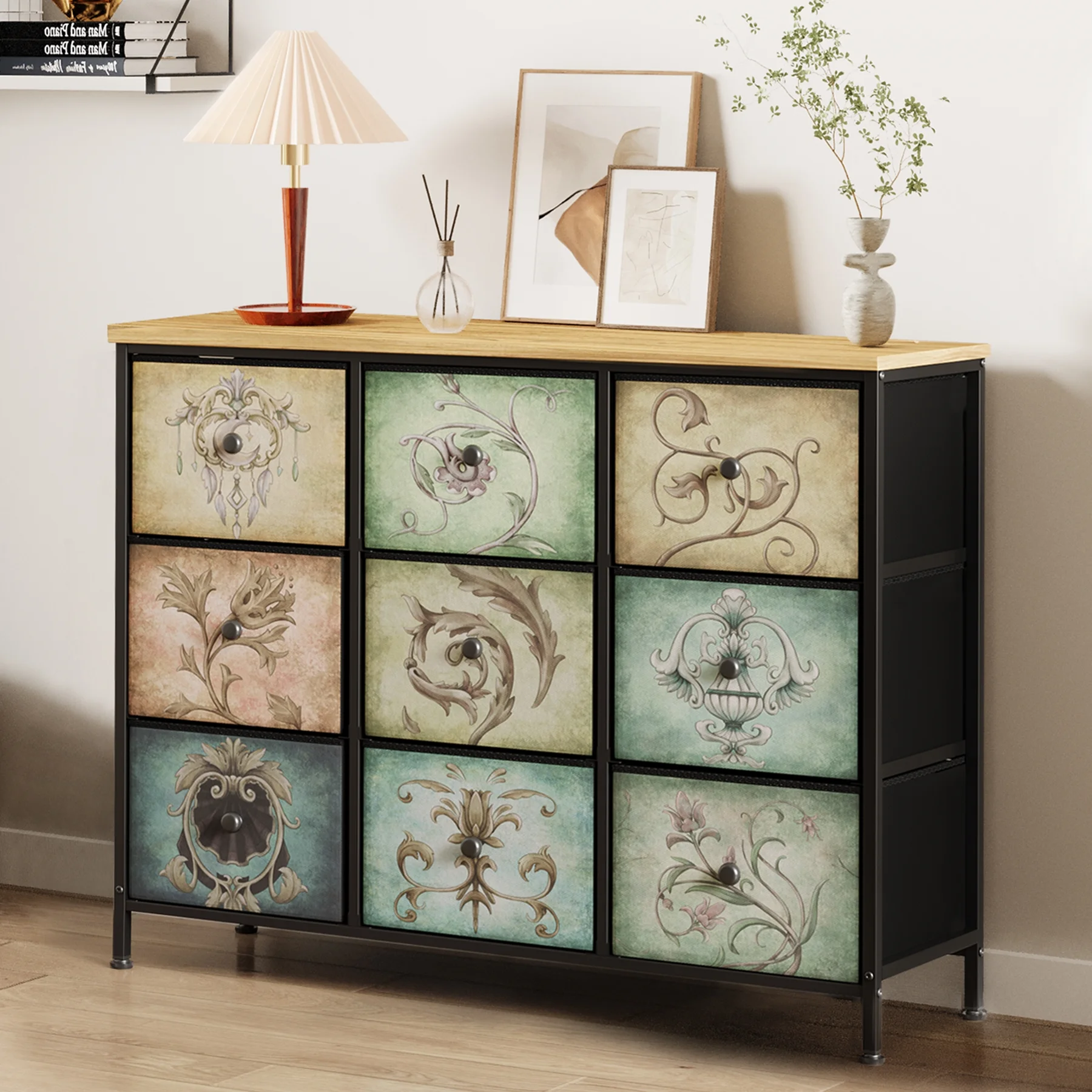 Luxmo 9 Drawer Dresser for Bedroom, Chest of Drawers Closets Storage for Living Room, Fabric Drawers with Steel Frame Wooden Top