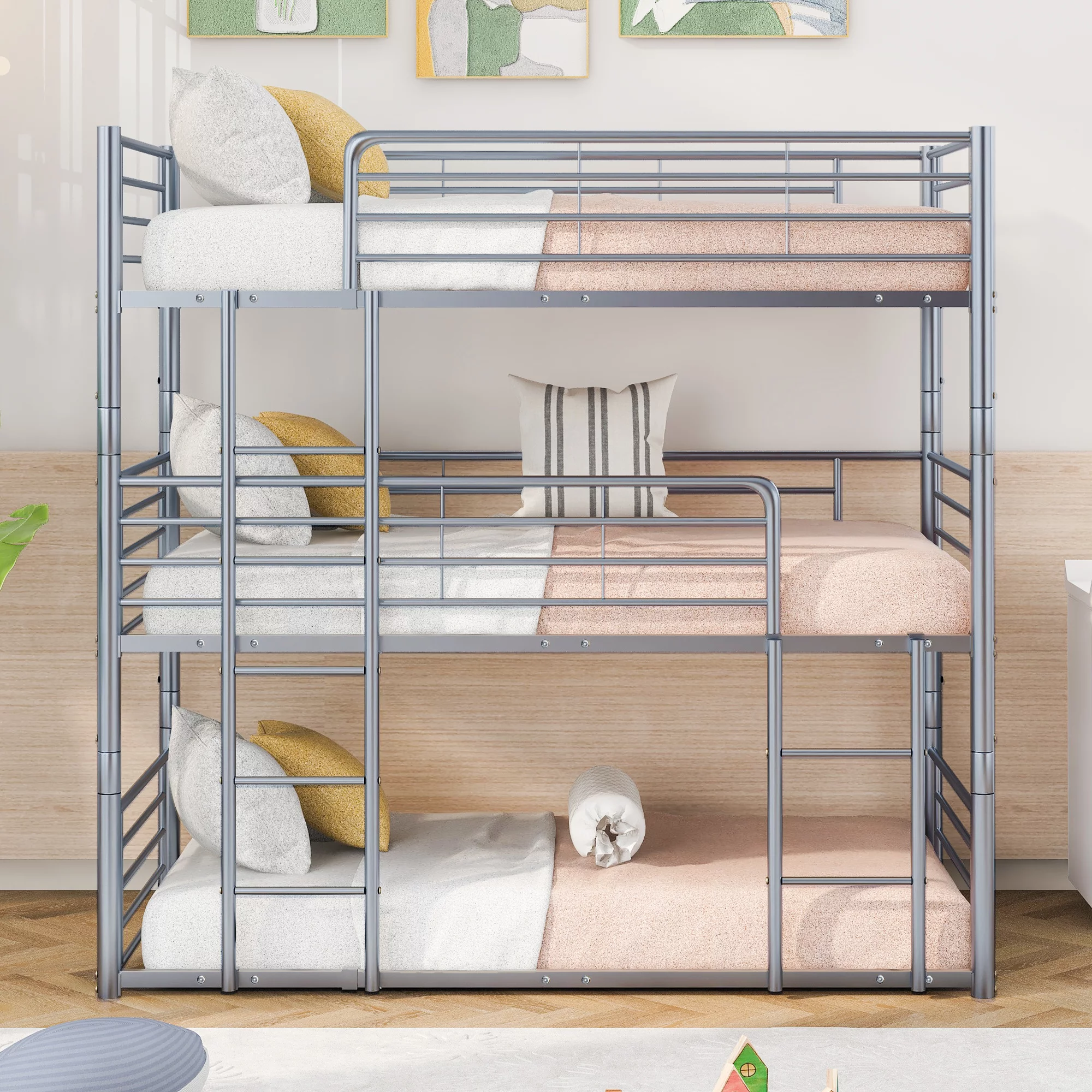 Kids Child Triple Twin Over Twin Over Twin Bunk Bed with Ladder, 3 Pieces Convertible Metal Bed Frame with Safety Guardrails, No Box Spring Needed