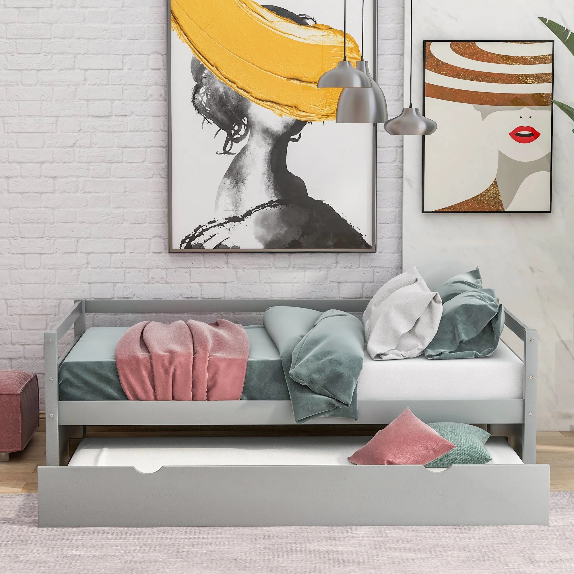 Momei Daybed with Trundle Frame Set, Twin Size Grey